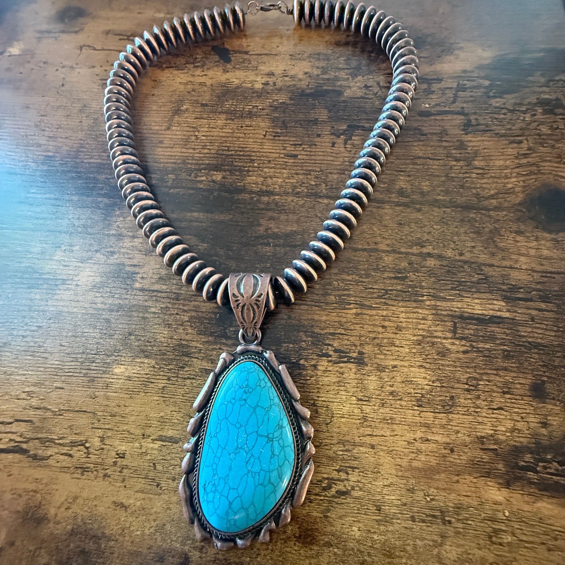 Copper Navajo Style Pearl Necklace With Blue Turquoise Teardrop Pendant 21 Inches WildWestBoho
