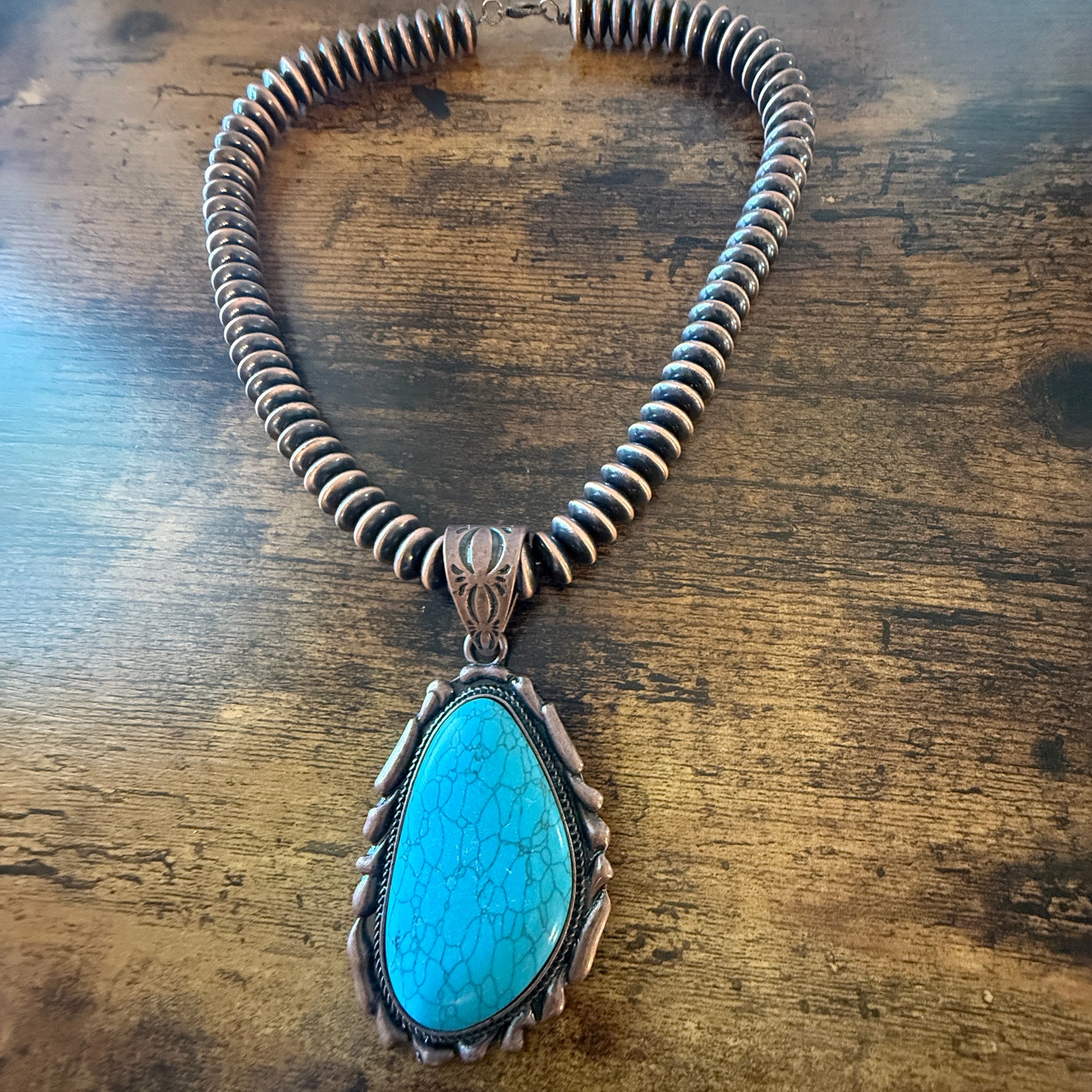Copper Navajo Style Pearl Necklace With Blue Turquoise Teardrop Pendant 21 Inches WildWestBoho