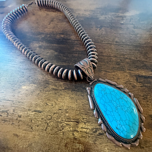 Copper Navajo Style Pearl Necklace With Blue Turquoise Teardrop Pendant 21 Inches WildWestBoho