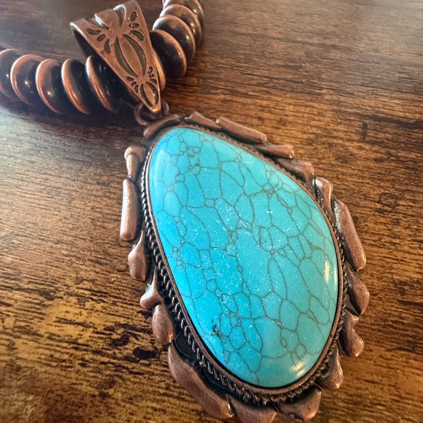Copper Navajo Style Pearl Necklace With Blue Turquoise Teardrop Pendant 21 Inches WildWestBoho