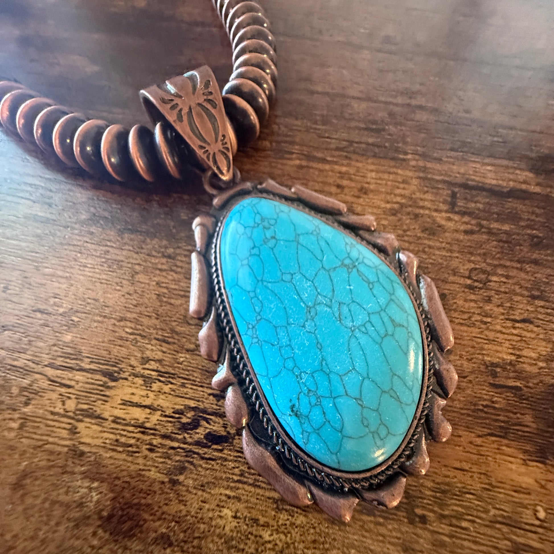 Copper Navajo Style Pearl Necklace With Blue Turquoise Teardrop Pendant 21 Inches WildWestBoho