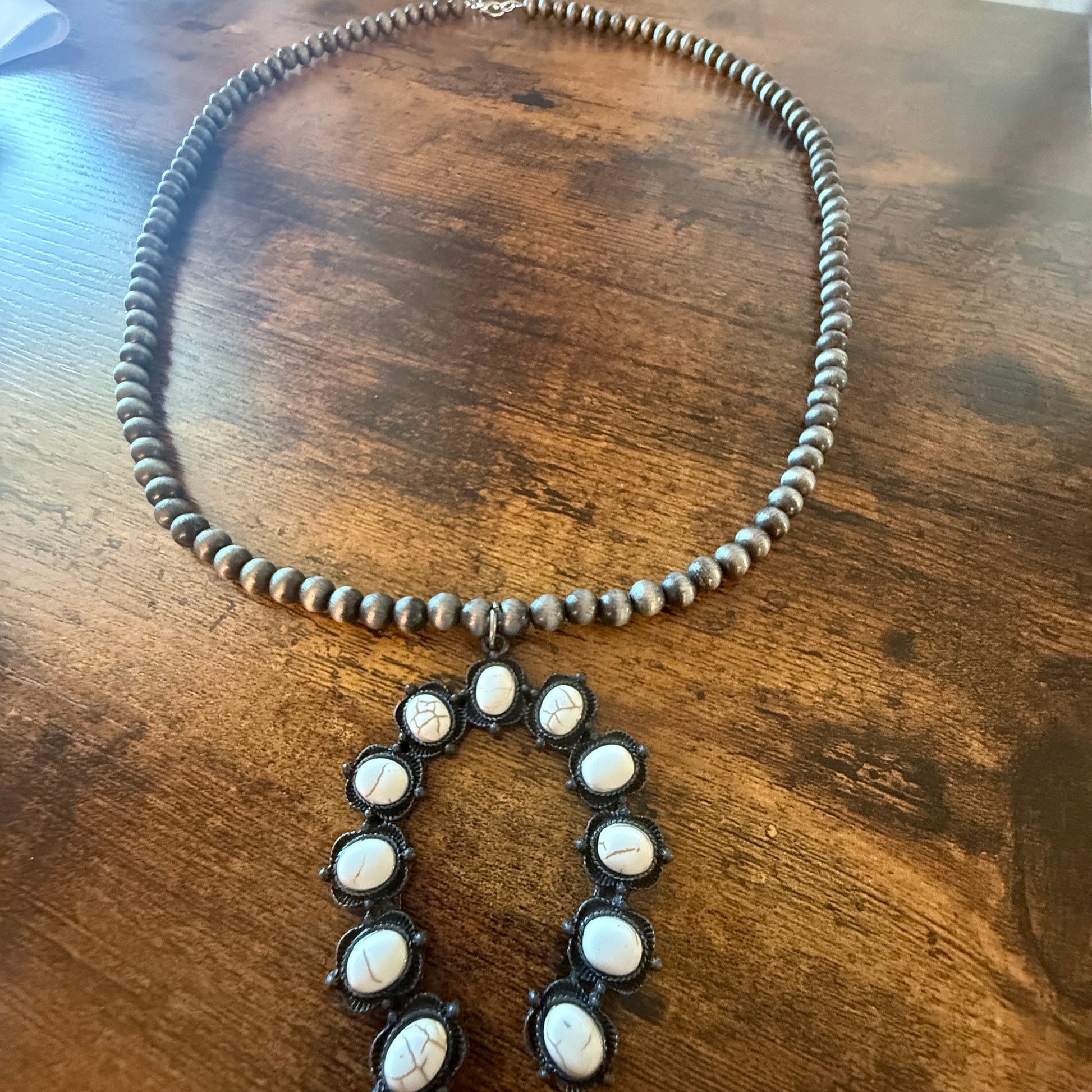 Silver Navajo Style Pearl Necklace With White Stone Squash Blossom Pendant, 32 inch Wild West Boho