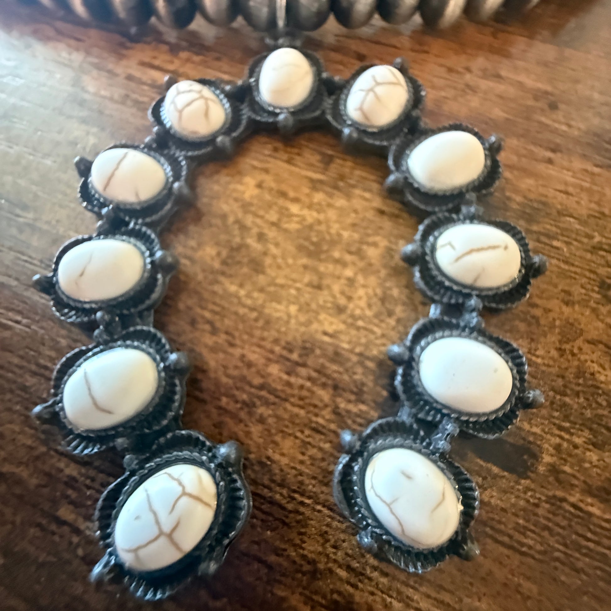 Silver Navajo Style Pearl Necklace With White Stone Squash Blossom Pendant, 32 inch Wild West Boho