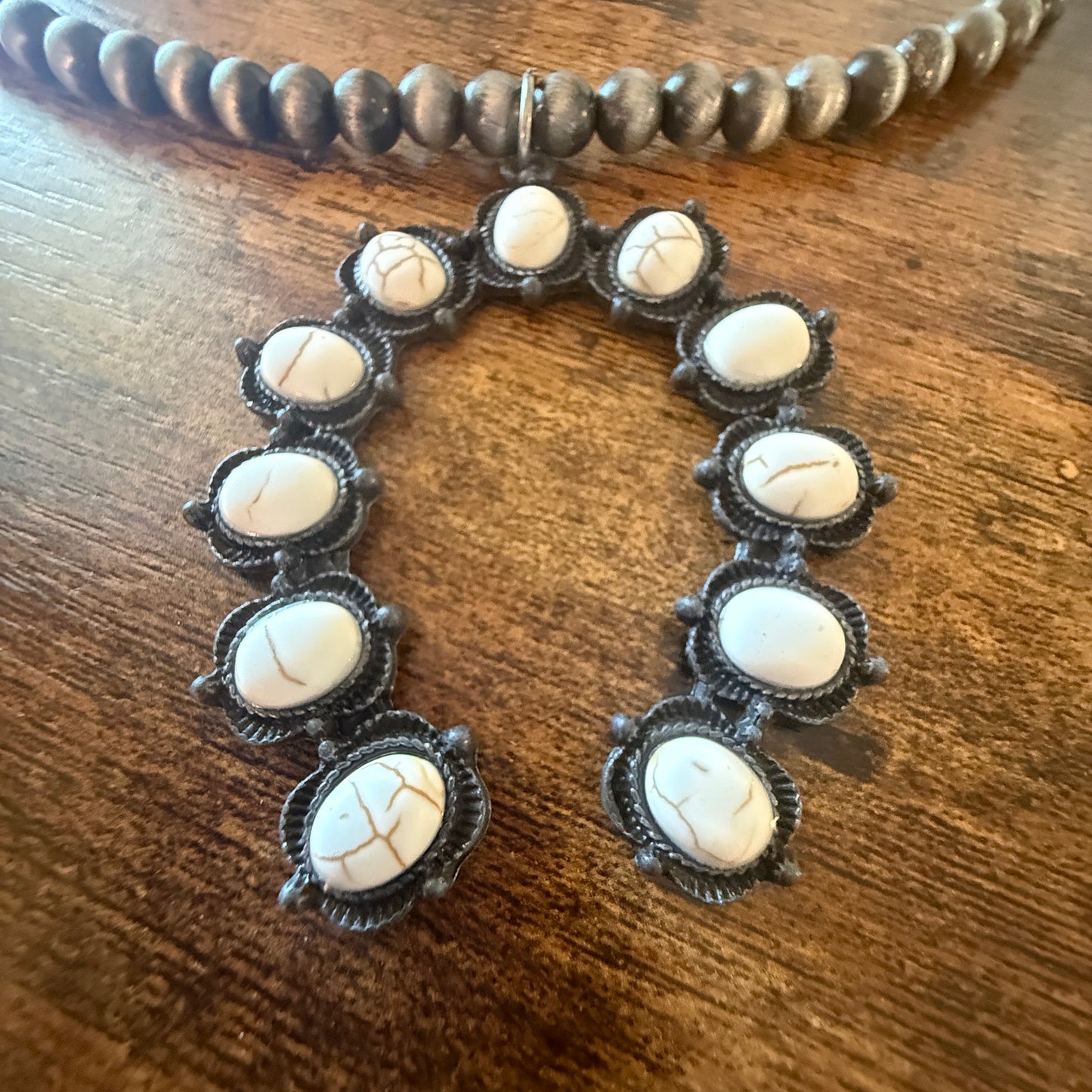 Silver Navajo Style Pearl Necklace With White Stone Squash Blossom Pendant, 32 inch Wild West Boho