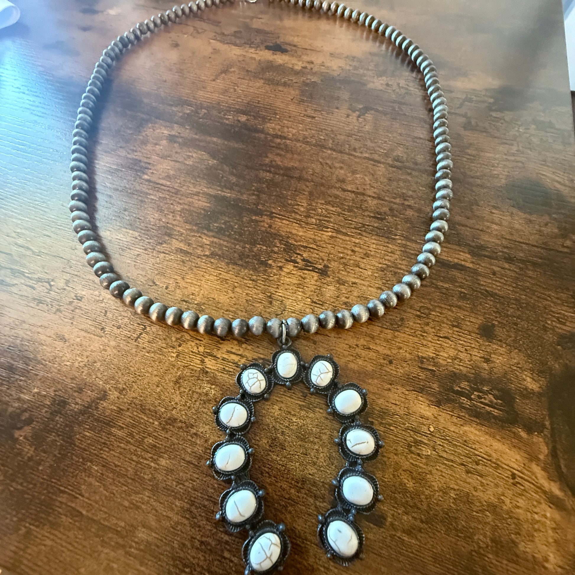 Silver Navajo Style Pearl Necklace With White Stone Squash Blossom Pendant, 32 inch Wild West Boho