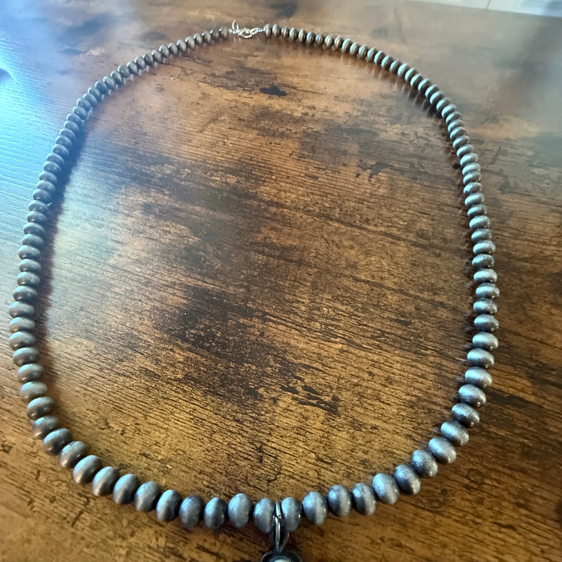 Silver Navajo Style Pearl Necklace With White Stone Squash Blossom Pendant, 32 inch Wild West Boho
