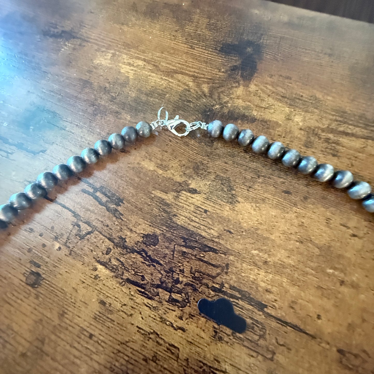 Silver Navajo Style Pearl Necklace With White Stone Squash Blossom Pendant, 32 inch Wild West Boho