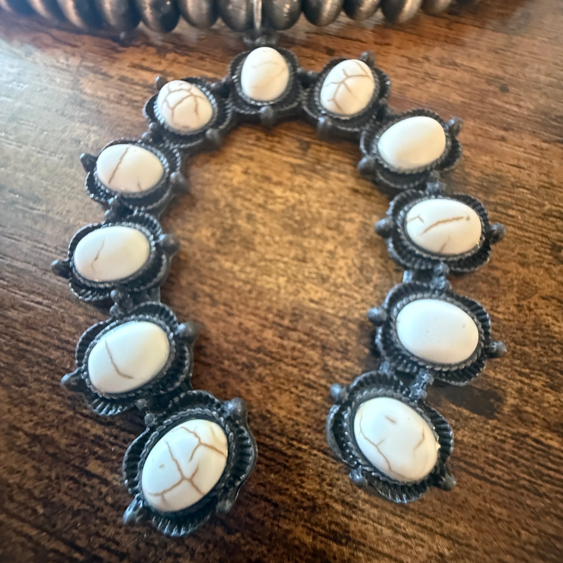 Silver Navajo Style Pearl Necklace With White Stone Squash Blossom Pendant, 32 inch Wild West Boho