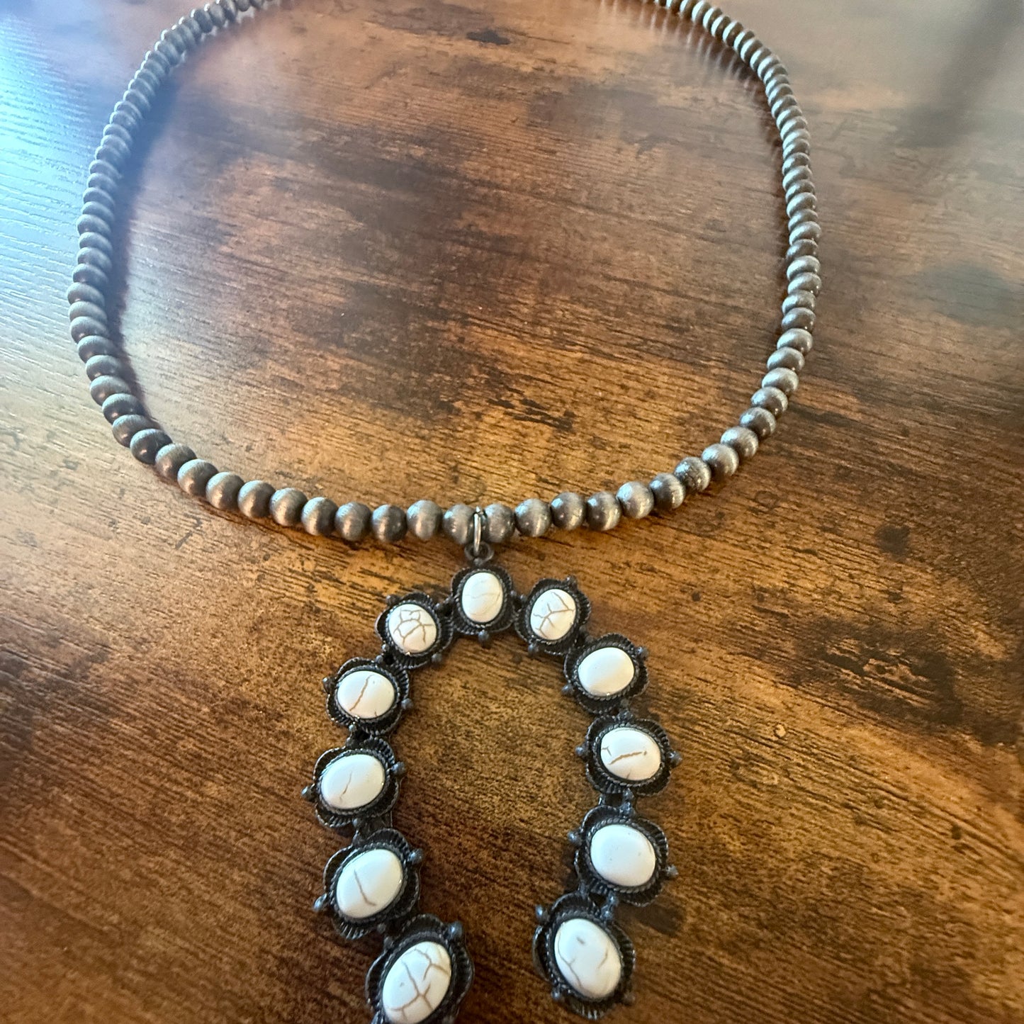 Silver Navajo Style Pearl Necklace With White Stone Squash Blossom Pendant, 32 inch Wild West Boho