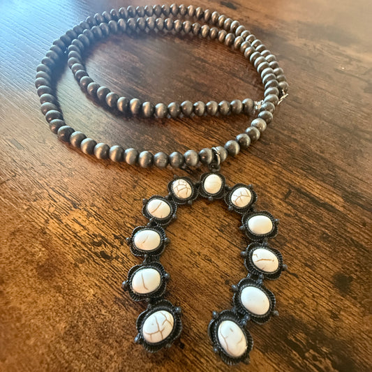 Silver Navajo Style Pearl Necklace With White Stone Squash Blossom Pendant, 32 inch Wild West Boho