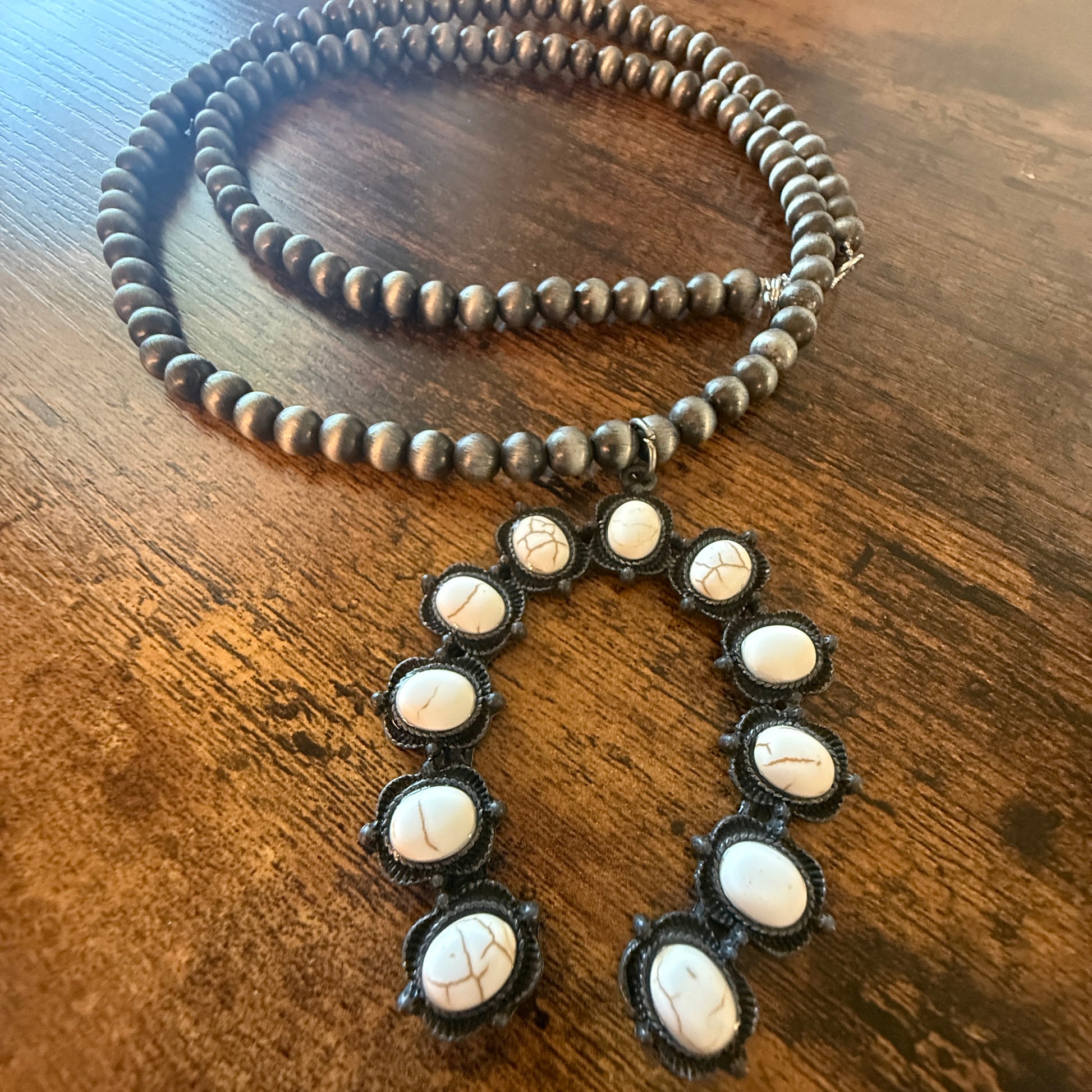Silver Navajo Style Pearl Necklace With White Stone Squash Blossom Pendant, 32 inch Wild West Boho