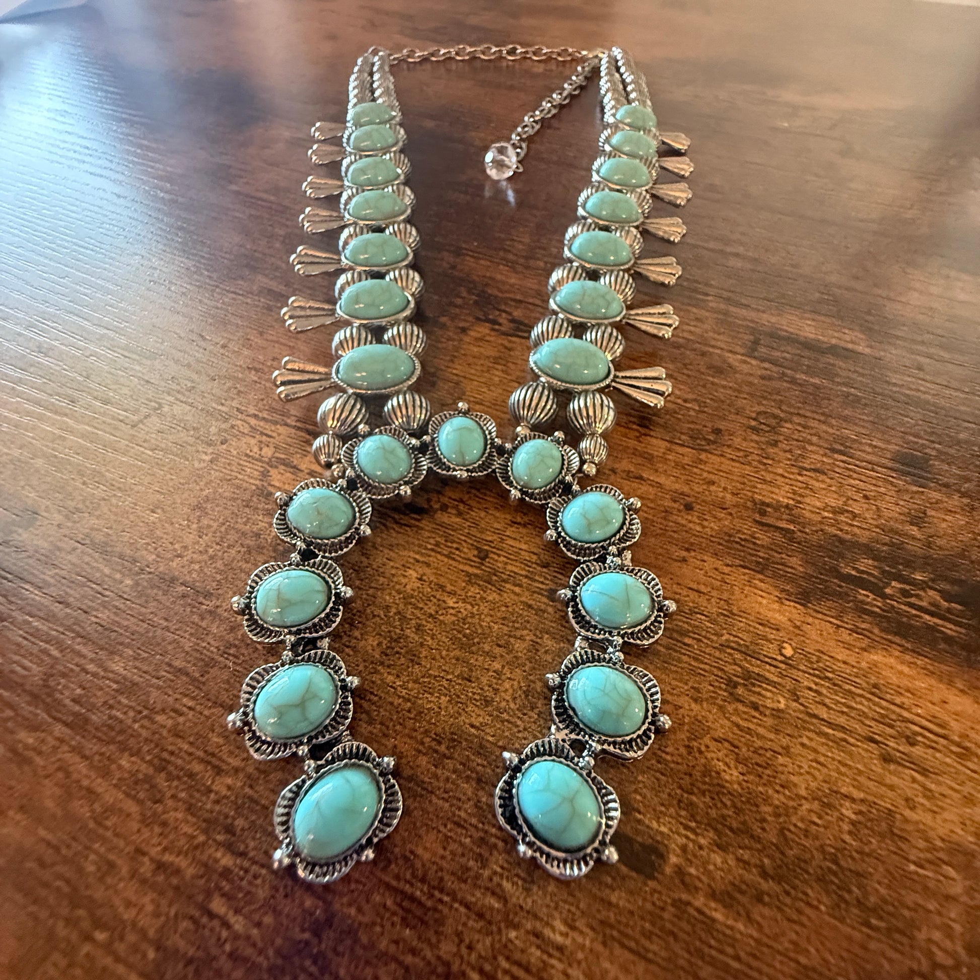 Blue Turquoise Stone Squash Blossom Necklace, Faux Silver Pearl Beads Wild West Boho
