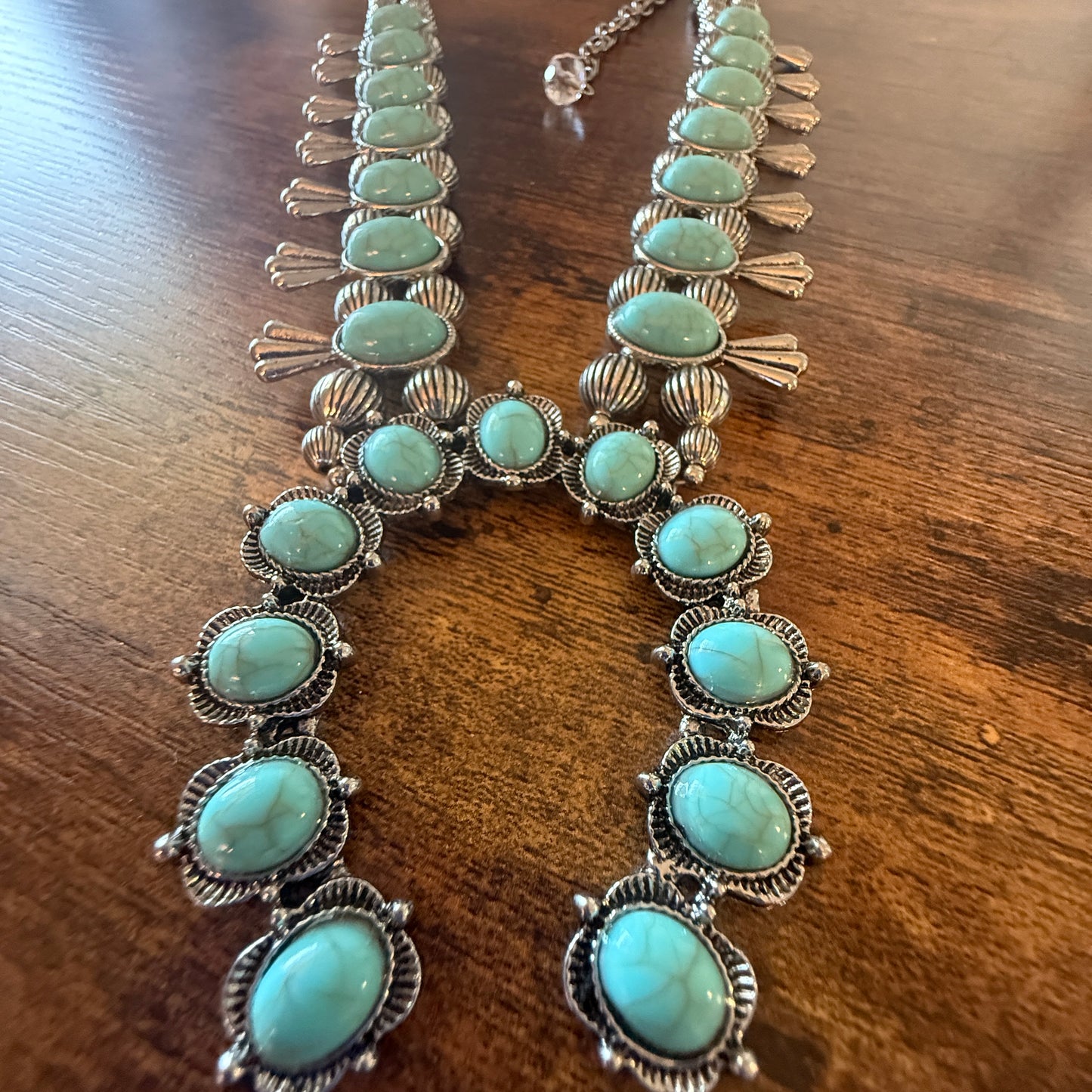 Blue Turquoise Stone Squash Blossom Necklace, Faux Silver Pearl Beads Wild West Boho