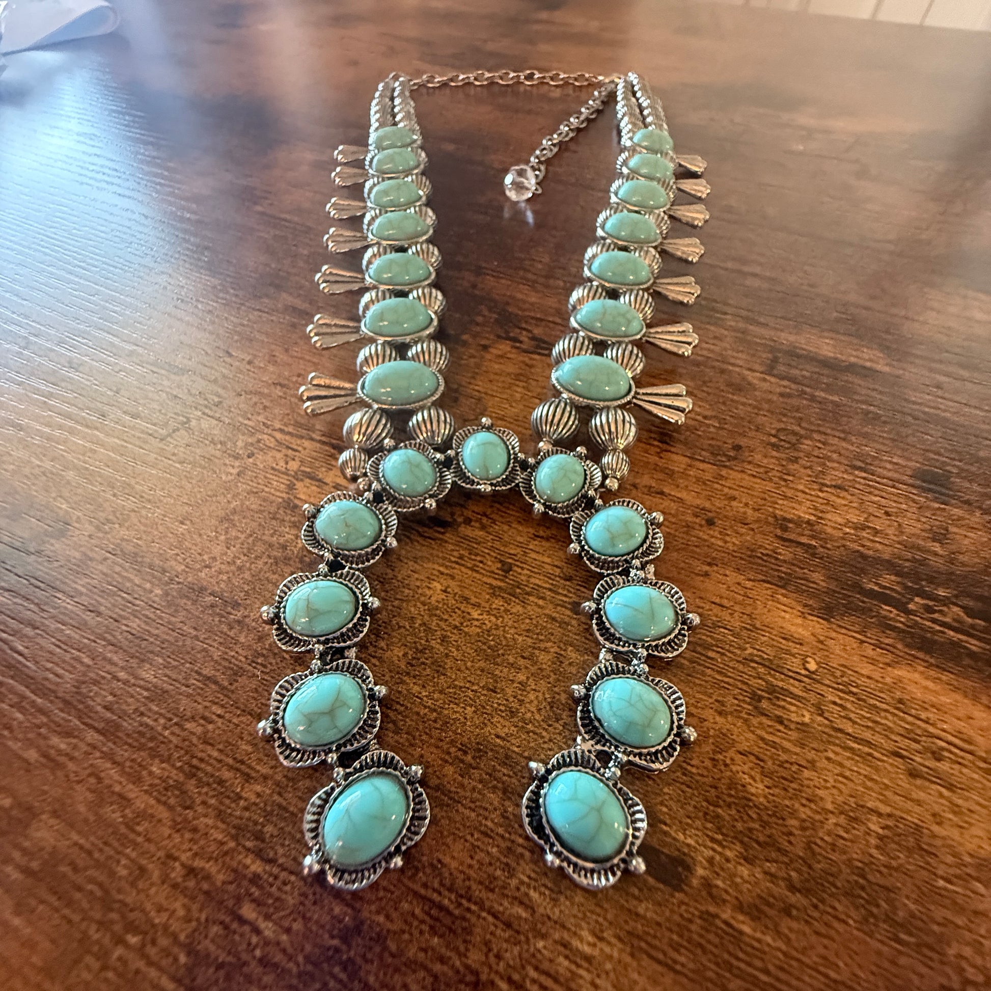 Blue Turquoise Stone Squash Blossom Necklace, Faux Silver Pearl Beads Wild West Boho