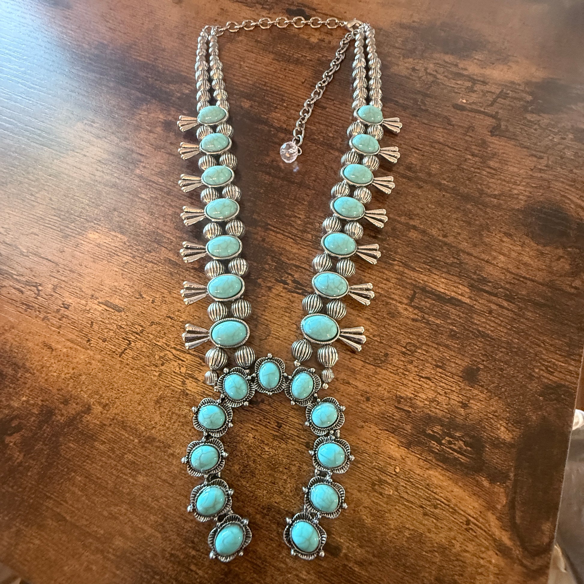 Blue Turquoise Stone Squash Blossom Necklace, Faux Silver Pearl Beads Wild West Boho