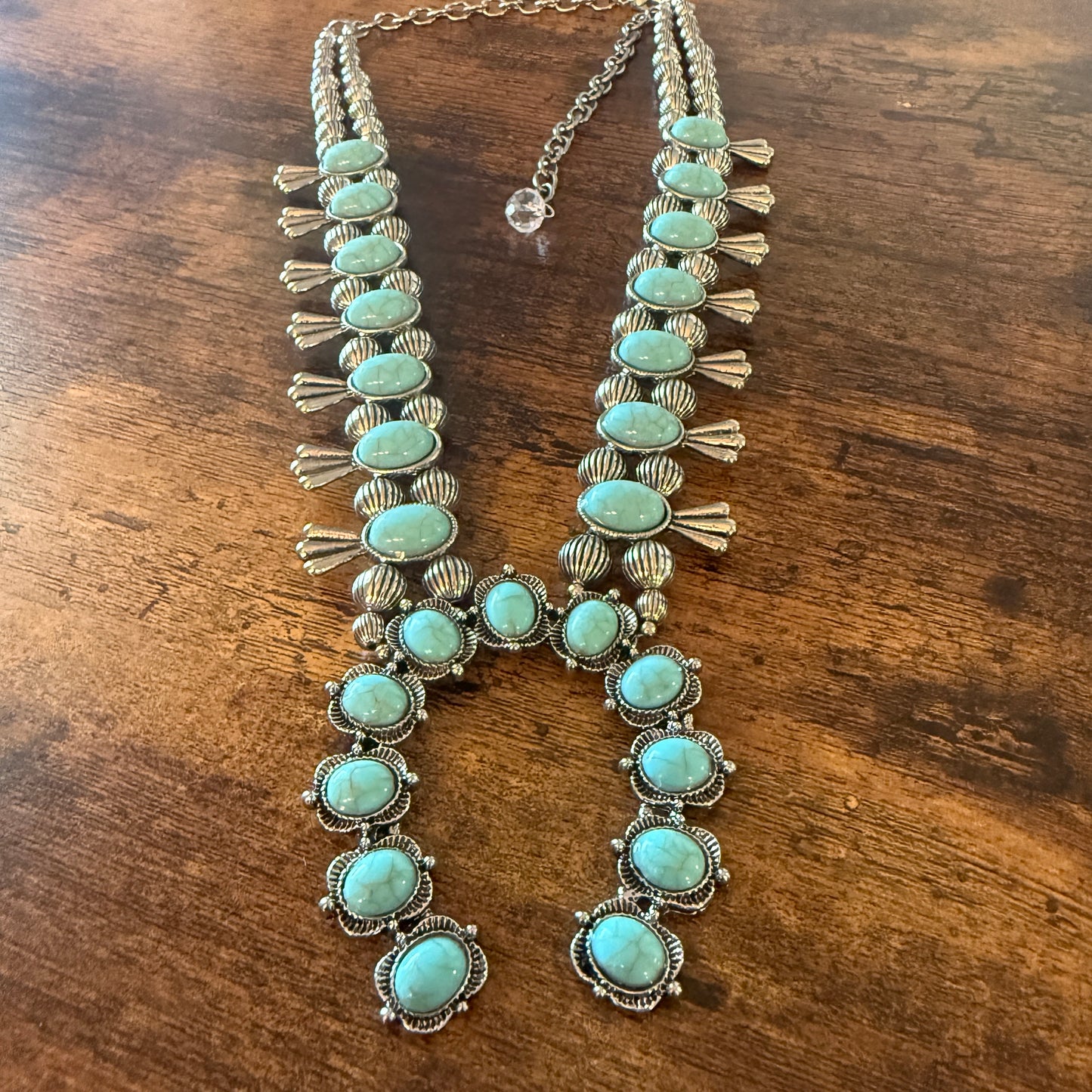 Blue Turquoise Stone Squash Blossom Necklace, Faux Silver Pearl Beads Wild West Boho