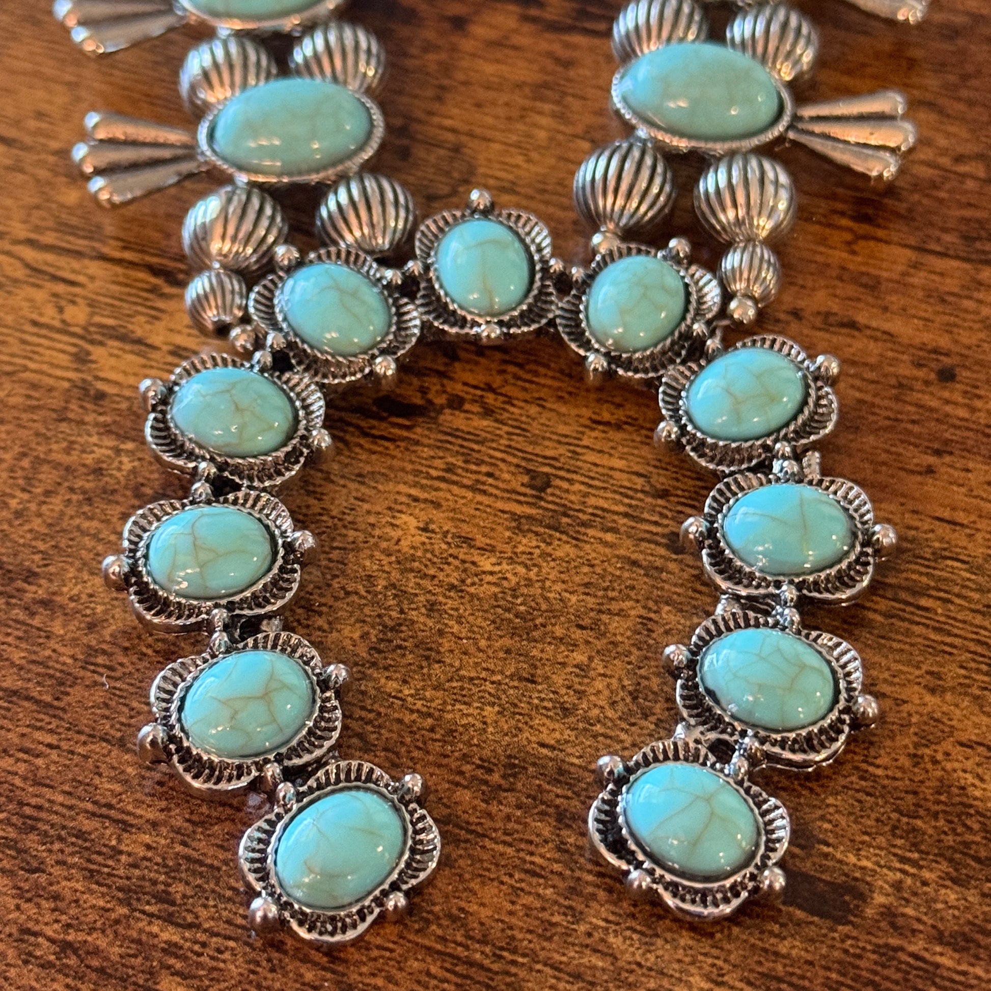 Blue Turquoise Stone Squash Blossom Necklace, Faux Silver Pearl Beads Wild West Boho