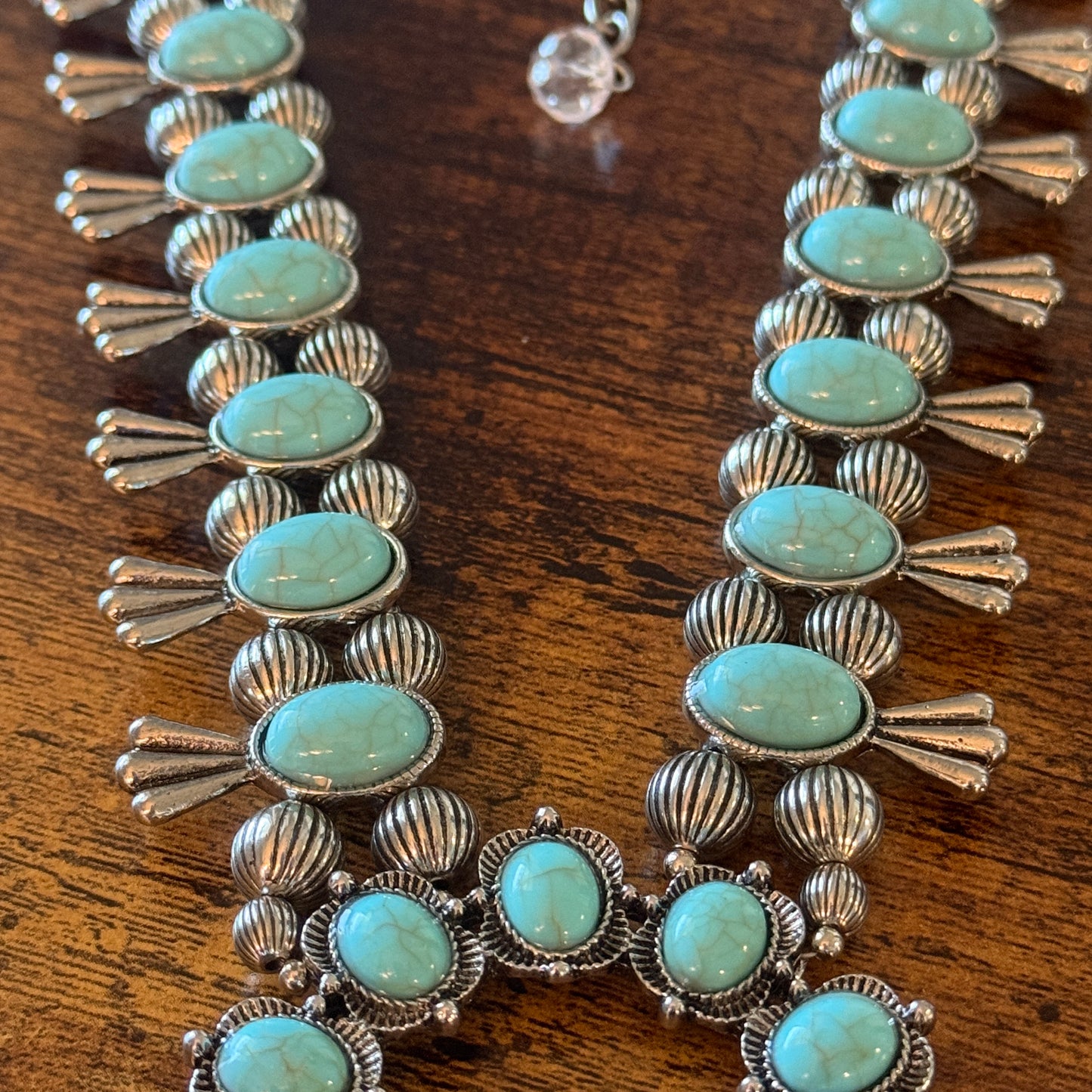 Blue Turquoise Stone Squash Blossom Necklace, Faux Silver Pearl Beads Wild West Boho