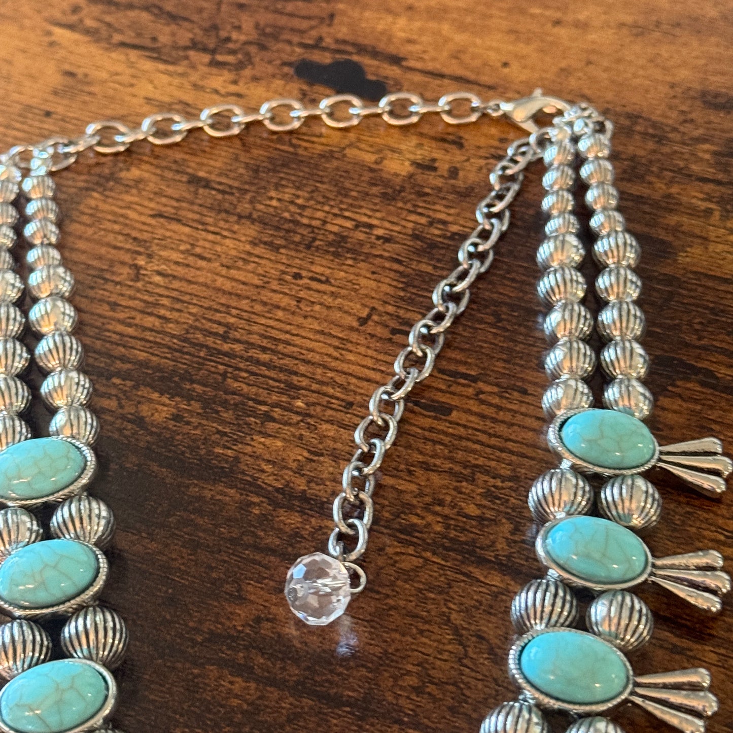 Blue Turquoise Stone Squash Blossom Necklace, Faux Silver Pearl Beads Wild West Boho