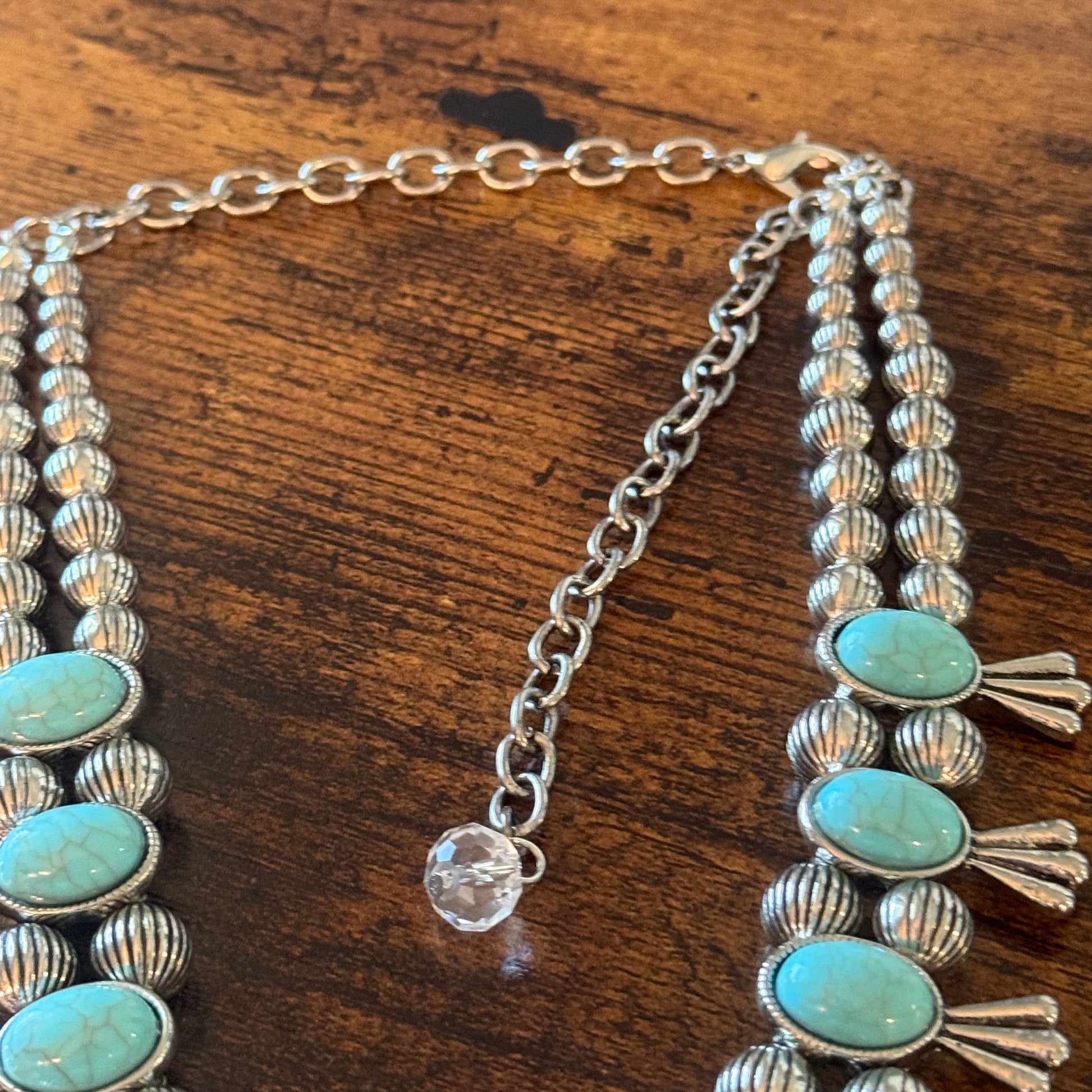 Blue Turquoise Stone Squash Blossom Necklace, Faux Silver Pearl Beads Wild West Boho