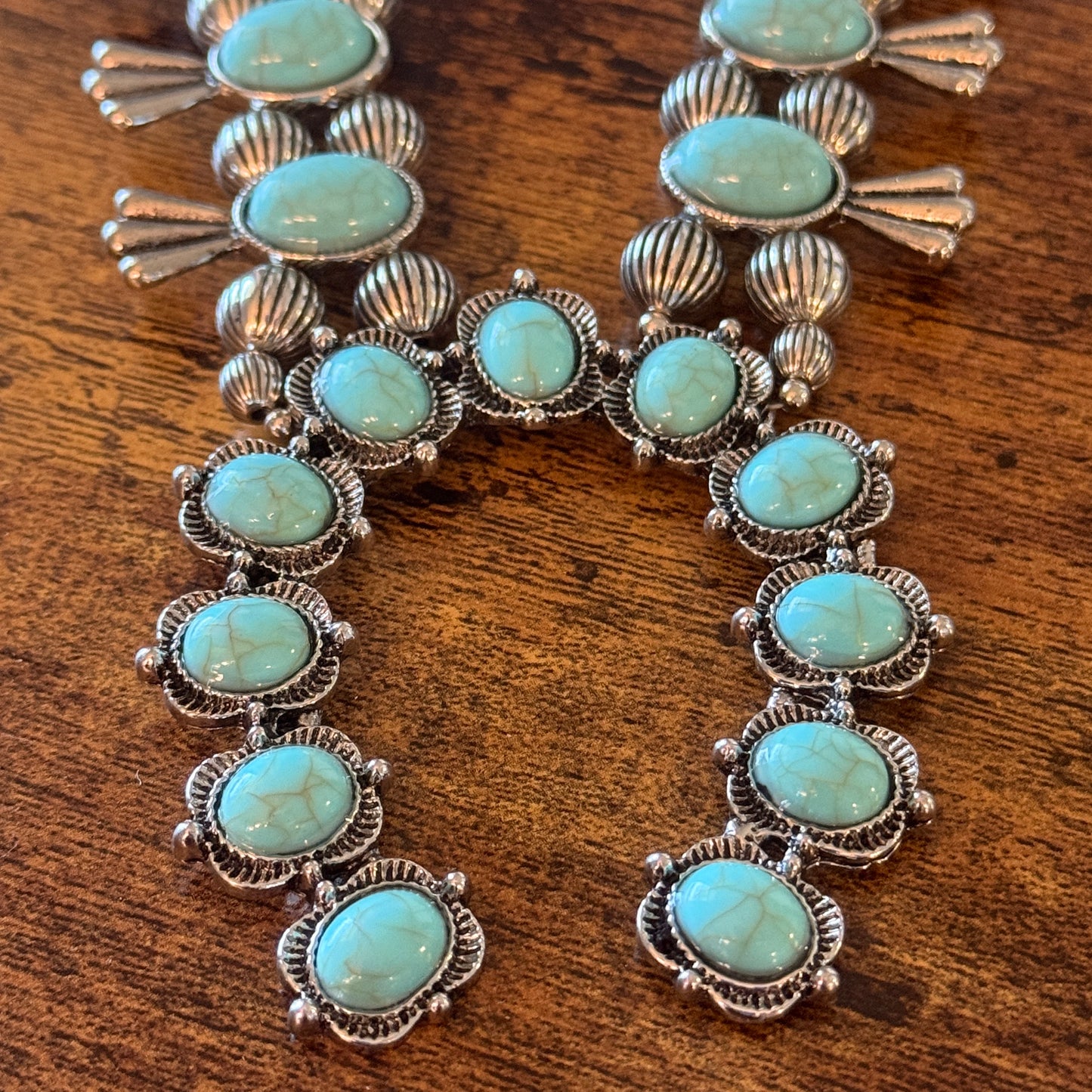Blue Turquoise Stone Squash Blossom Necklace, Faux Silver Pearl Beads Wild West Boho