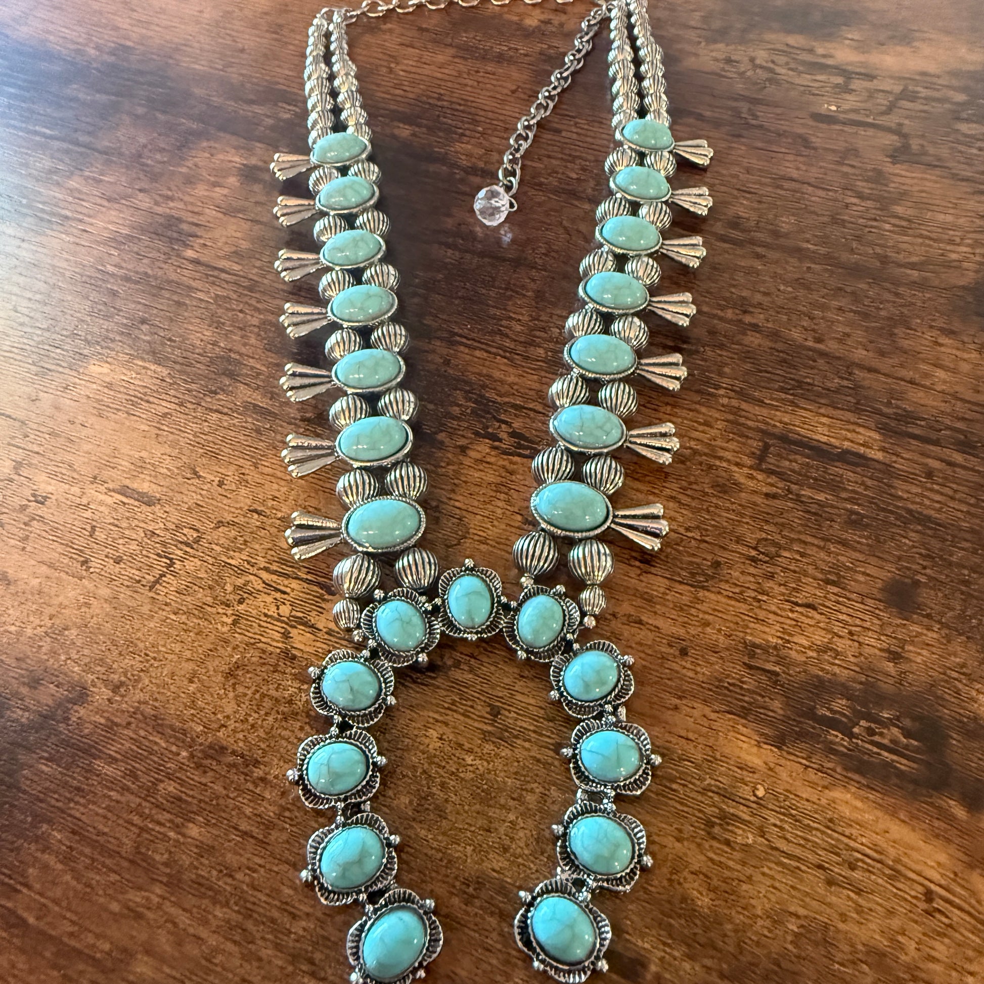 Blue Turquoise Stone Squash Blossom Necklace, Faux Silver Pearl Beads Wild West Boho