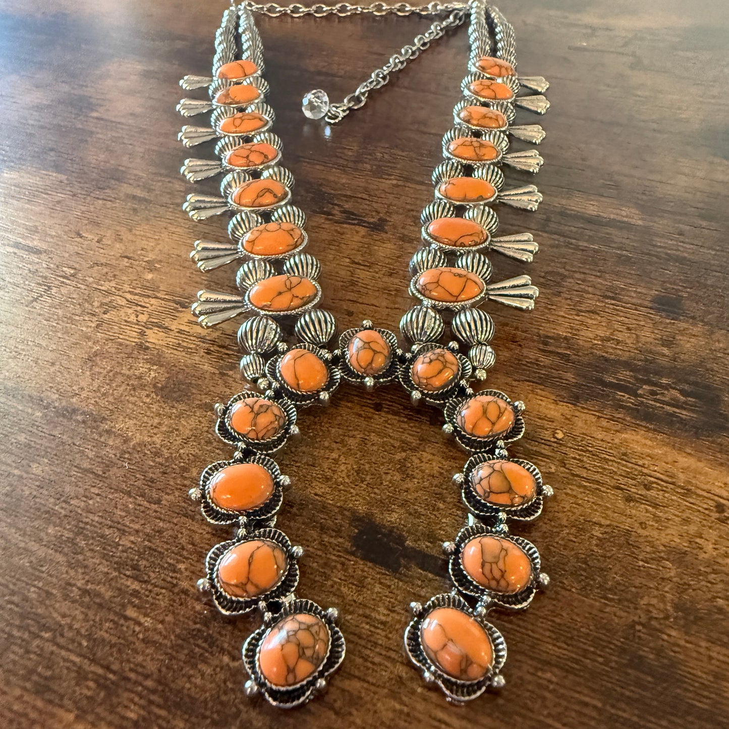 Orange Stone Squash Blossom Necklace, Faux Silver Pearl Beads Wild West Boho