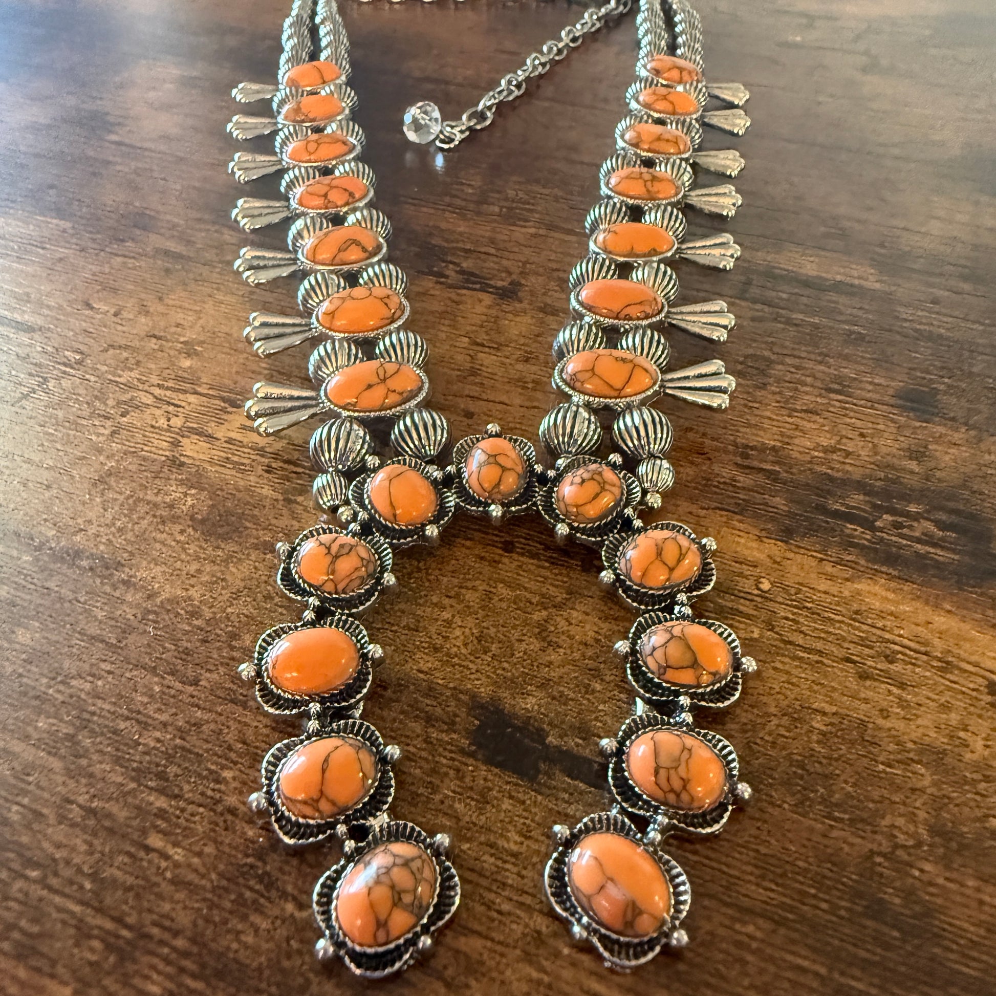 Orange Stone Squash Blossom Necklace, Faux Silver Pearl Beads Wild West Boho