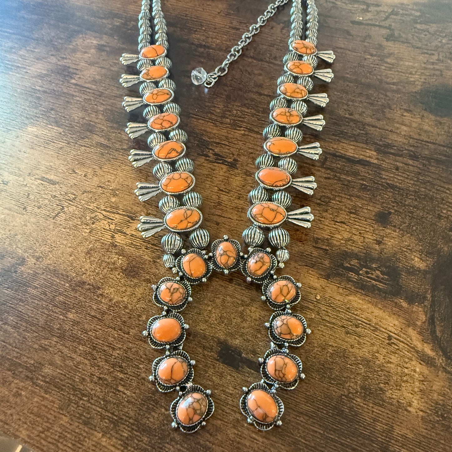 Orange Stone Squash Blossom Necklace, Faux Silver Pearl Beads Wild West Boho
