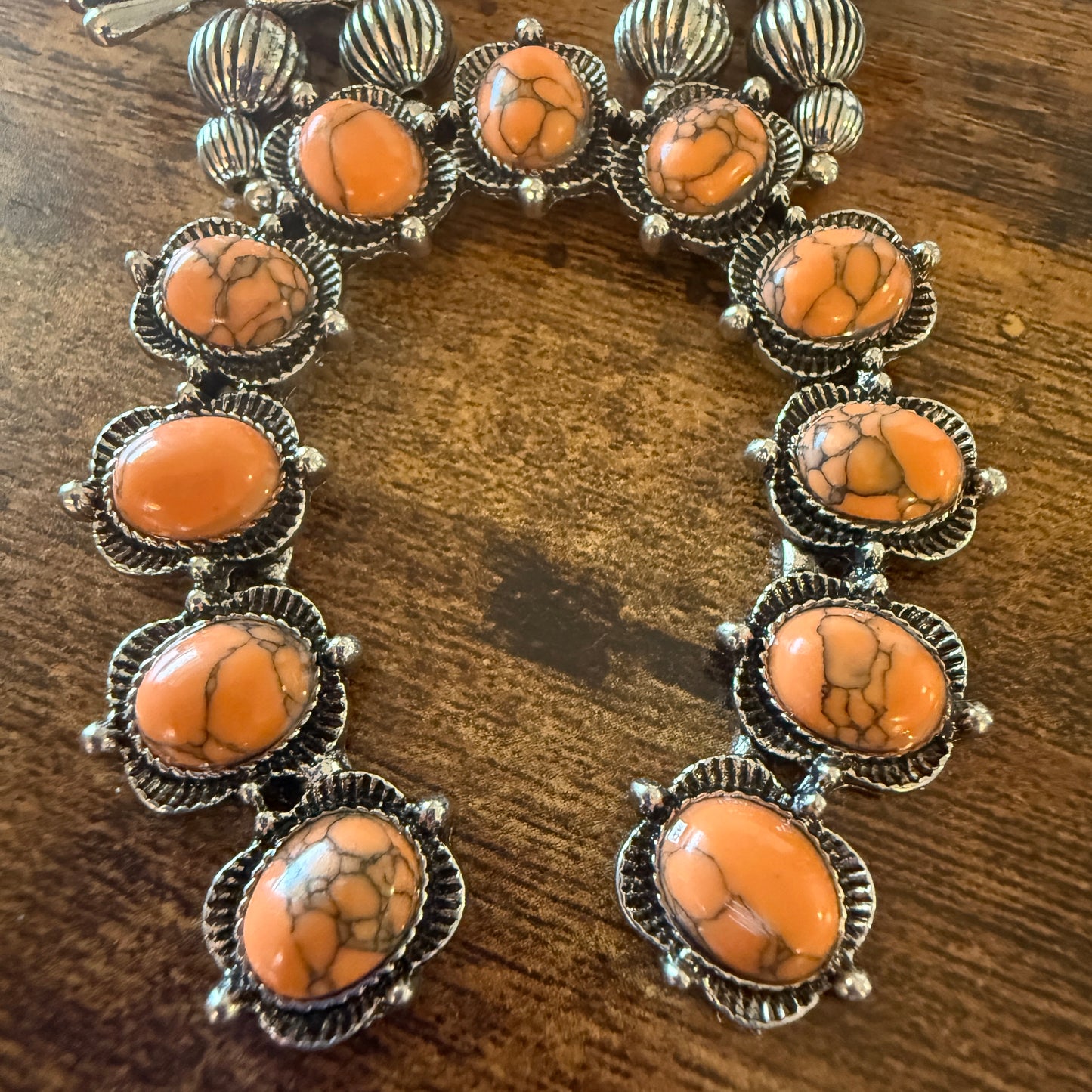 Orange Stone Squash Blossom Necklace, Faux Silver Pearl Beads Wild West Boho