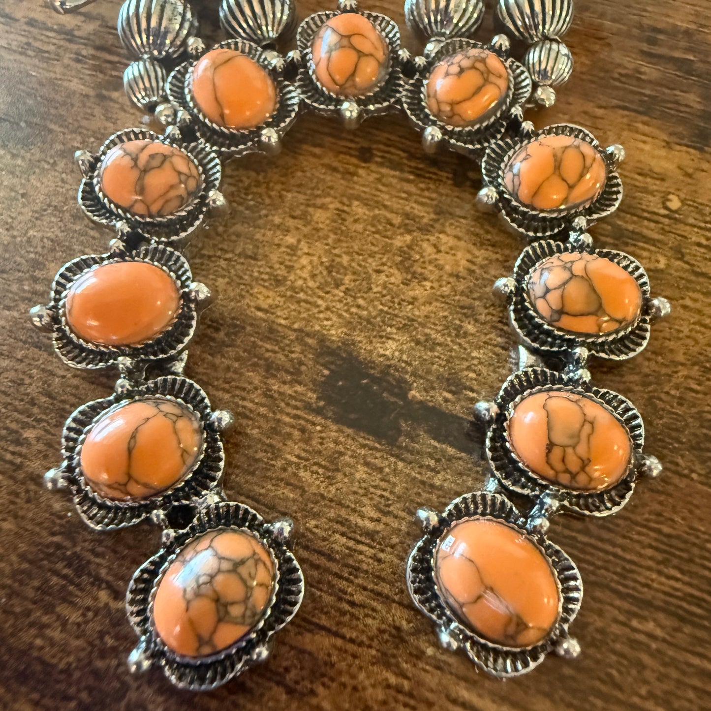 Orange Stone Squash Blossom Necklace, Faux Silver Pearl Beads Wild West Boho