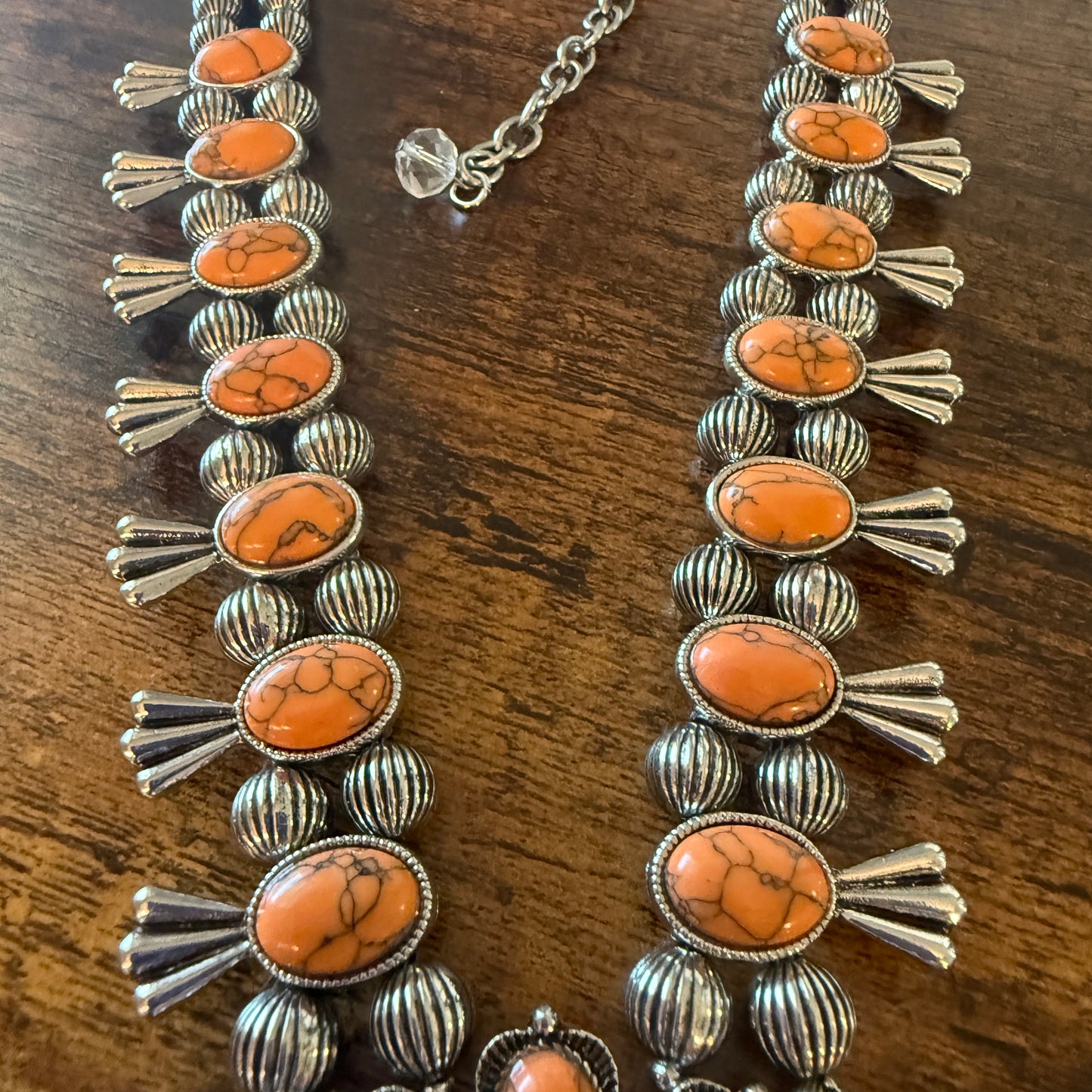 Orange Stone Squash Blossom Necklace, Faux Silver Pearl Beads Wild West Boho