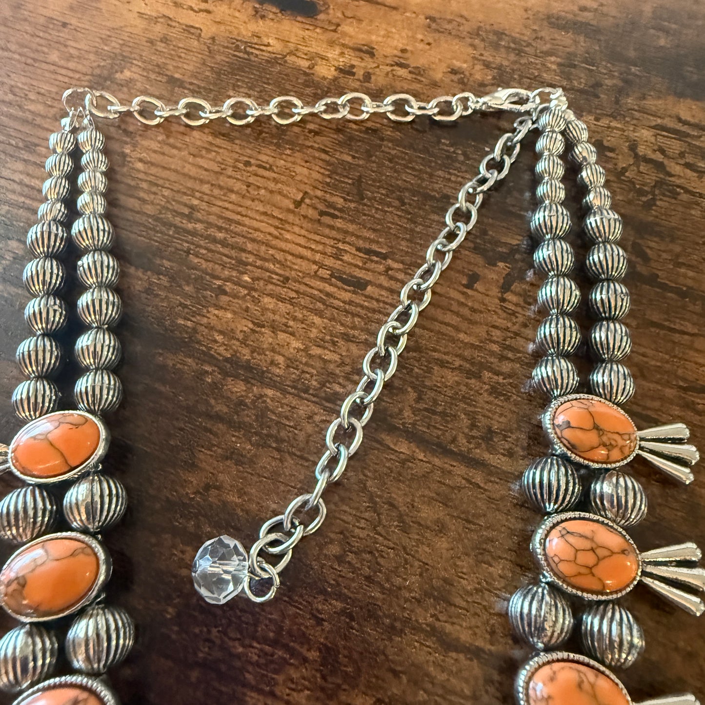 Orange Stone Squash Blossom Necklace, Faux Silver Pearl Beads Wild West Boho