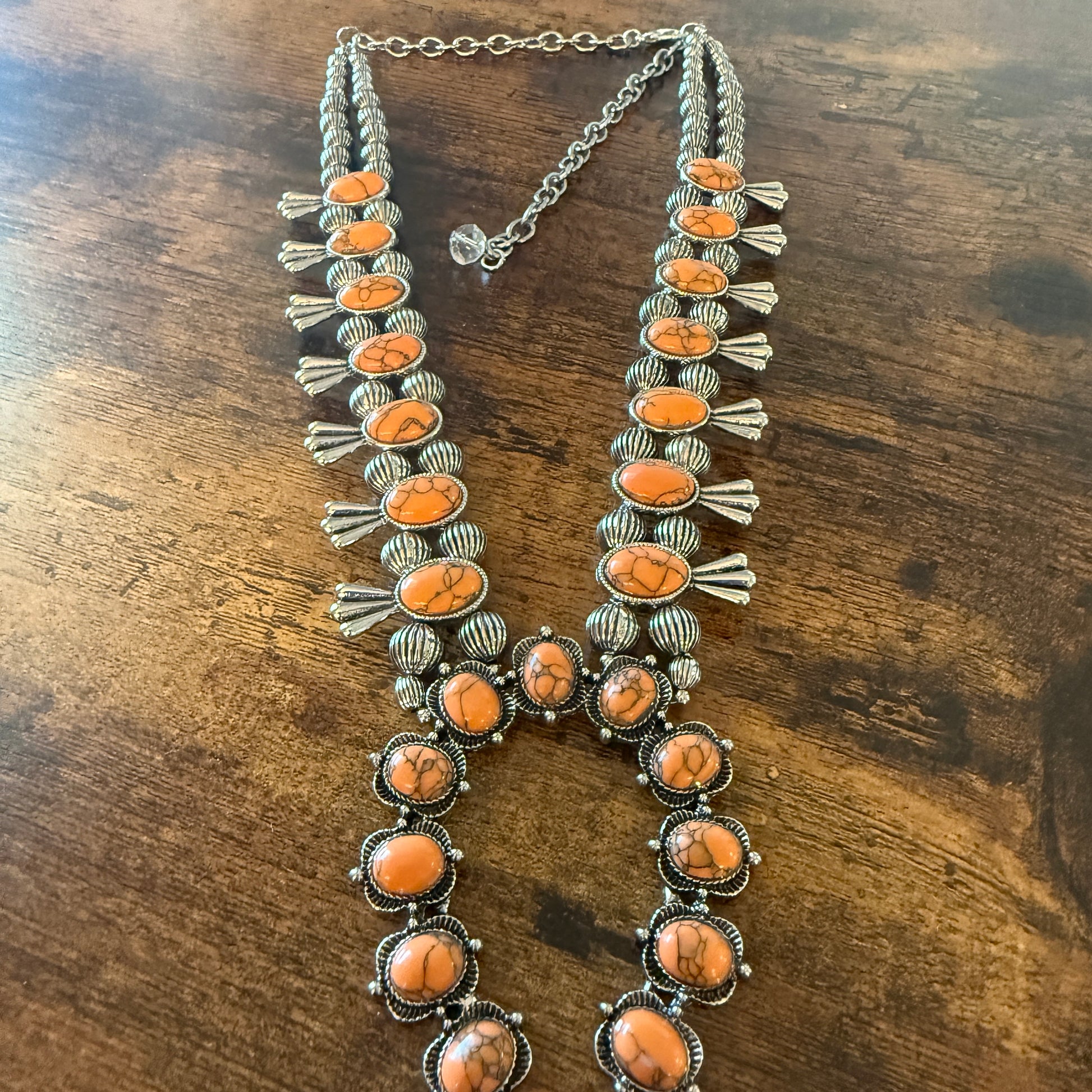 Orange Stone Squash Blossom Necklace, Faux Silver Pearl Beads Wild West Boho
