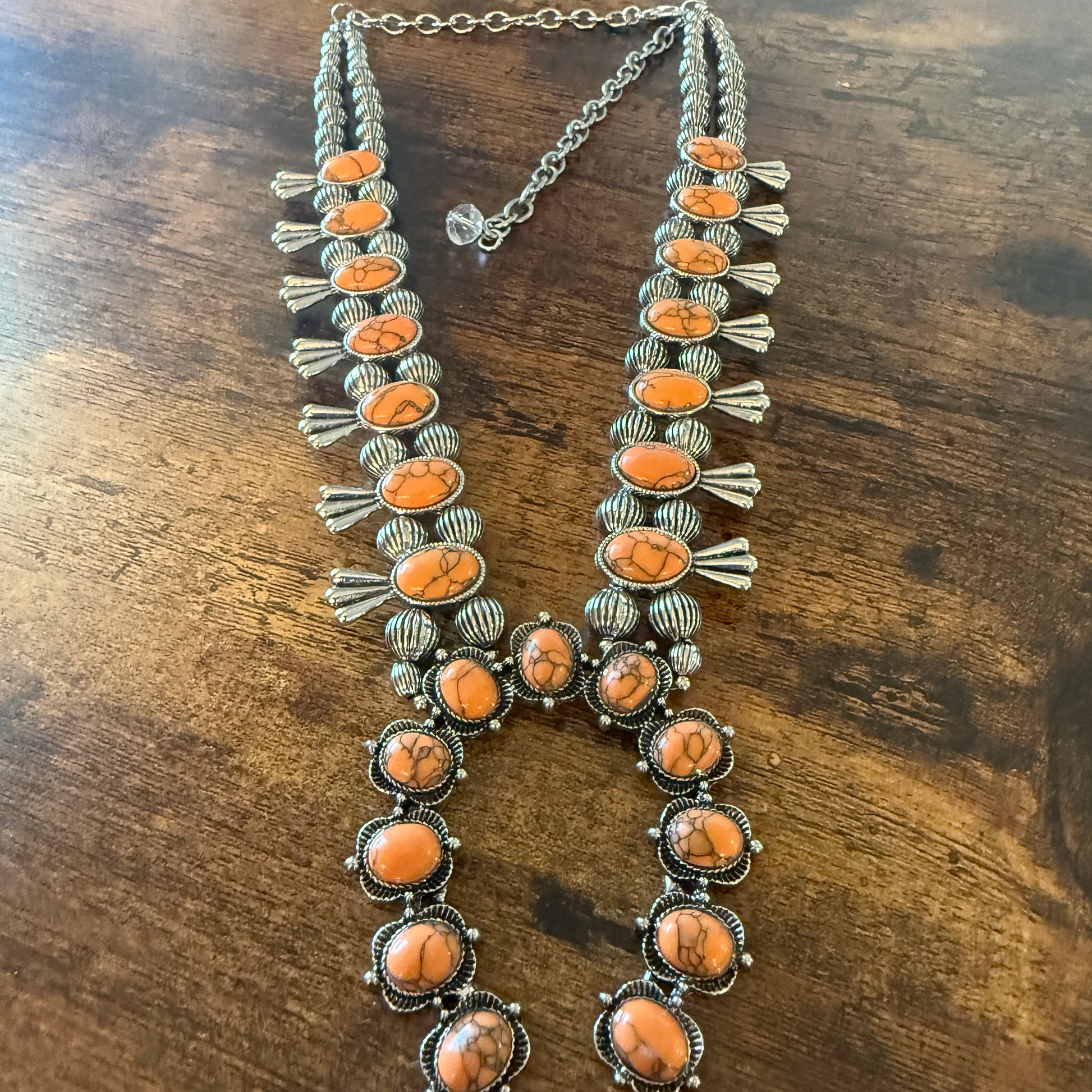 Orange Stone Squash Blossom Necklace, Faux Silver Pearl Beads Wild West Boho