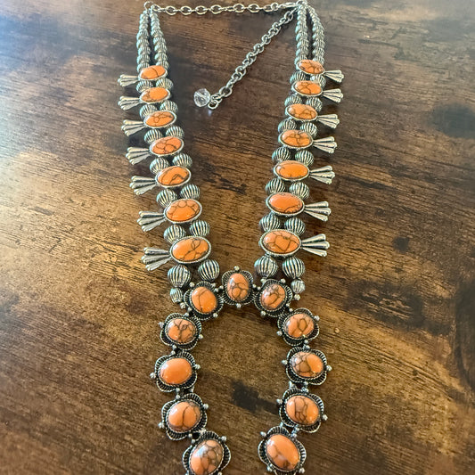 Orange Stone Squash Blossom Necklace, Faux Silver Pearl Beads Wild West Boho
