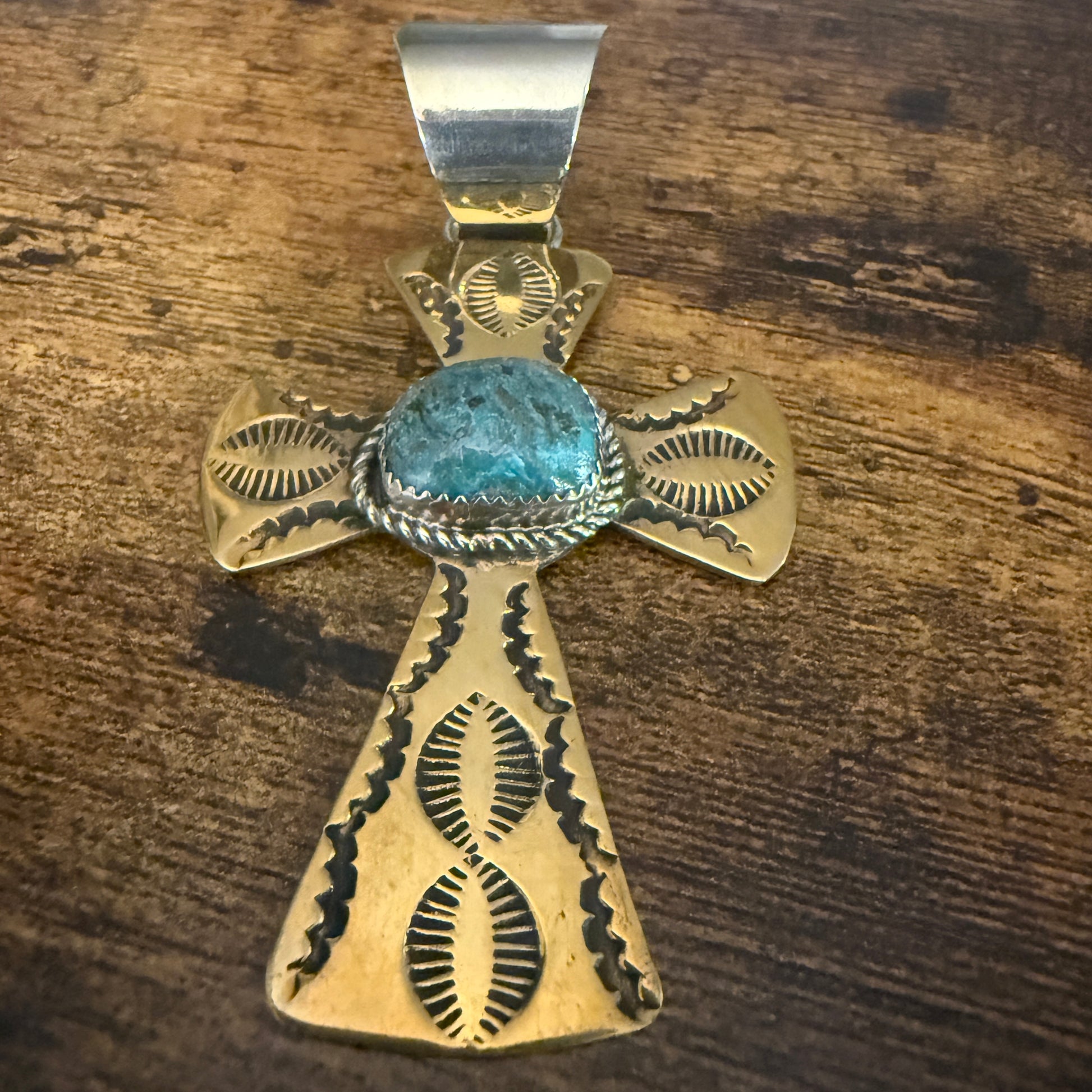 Native Inspired Brass and Kingman Turquoise Cross Pendant Signed by Cleveland Silver Elegant