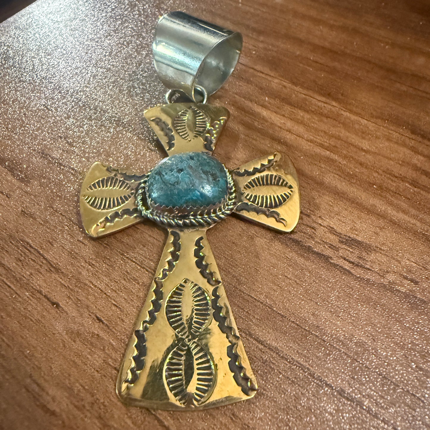 Native Inspired Brass and Kingman Turquoise Cross Pendant Signed by Cleveland Silver Elegant