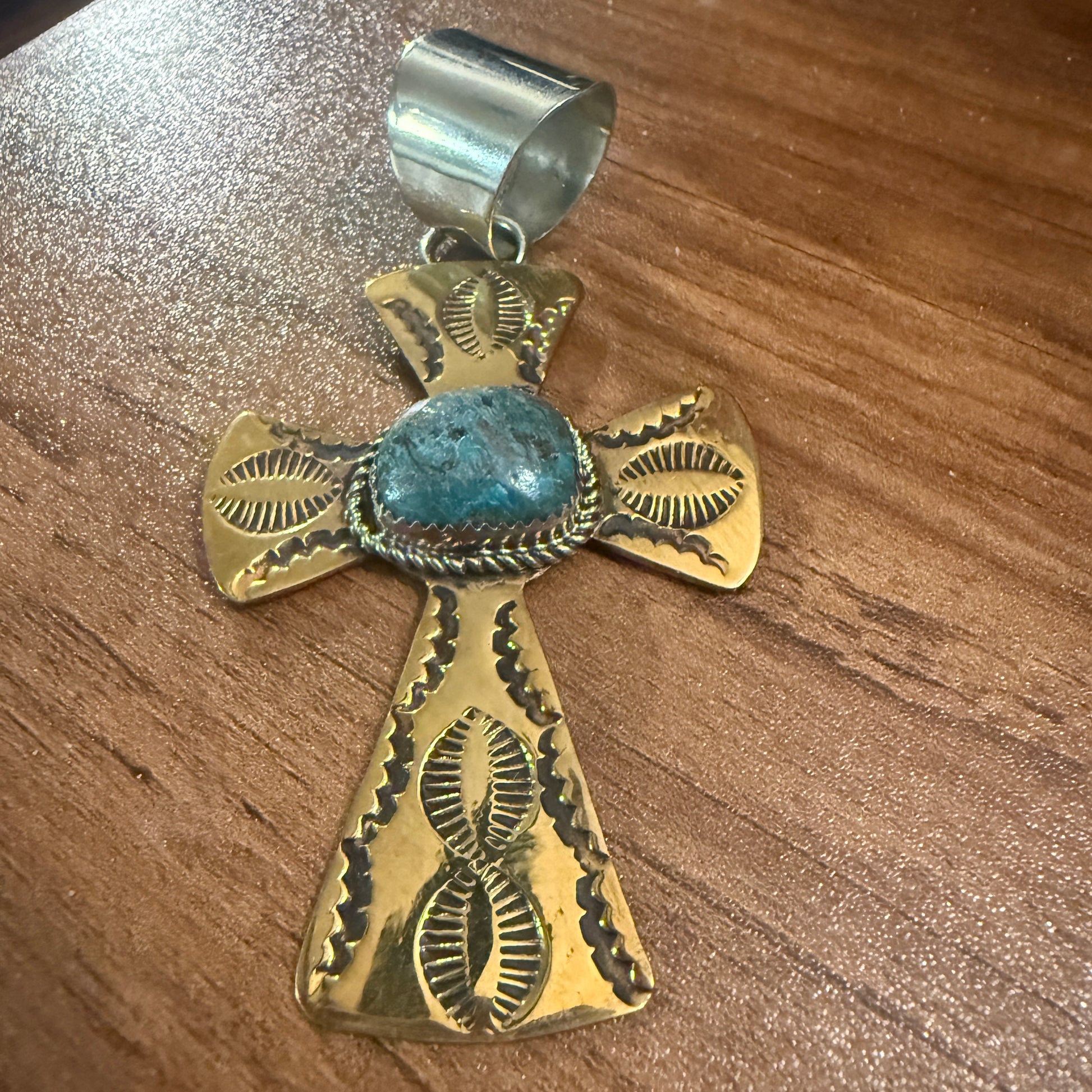 Native Inspired Brass and Kingman Turquoise Cross Pendant Signed by Cleveland Silver Elegant