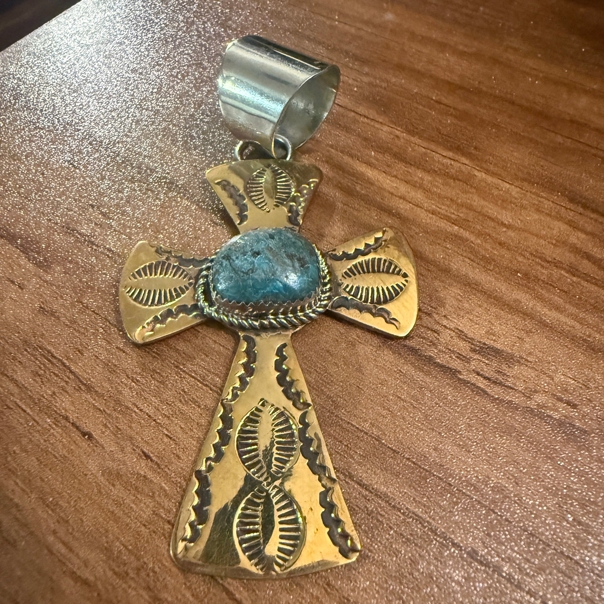 Native Inspired Brass and Kingman Turquoise Cross Pendant Signed by Cleveland Silver Elegant
