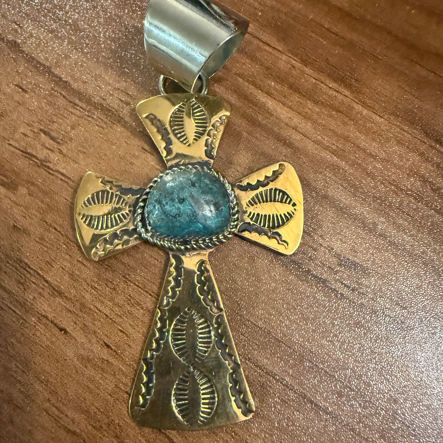 Native Inspired Brass and Kingman Turquoise Cross Pendant Signed by Cleveland Silver Elegant