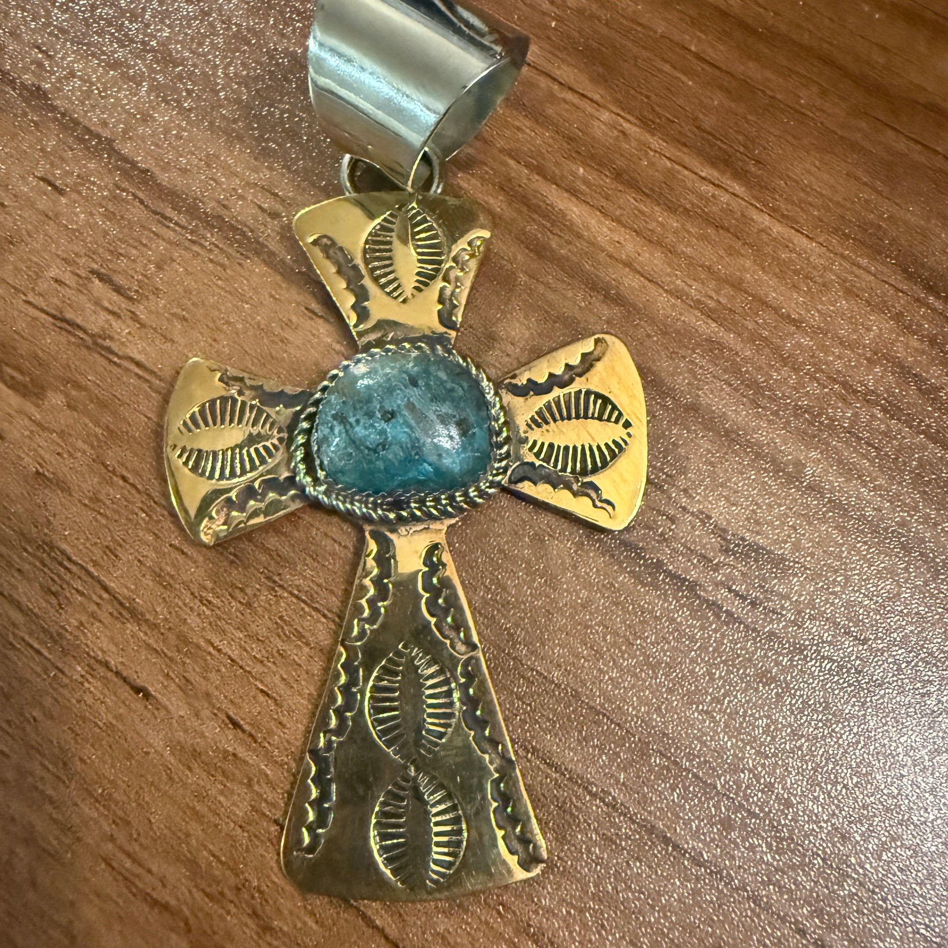 Native Inspired Brass and Kingman Turquoise Cross Pendant Signed by Cleveland Silver Elegant