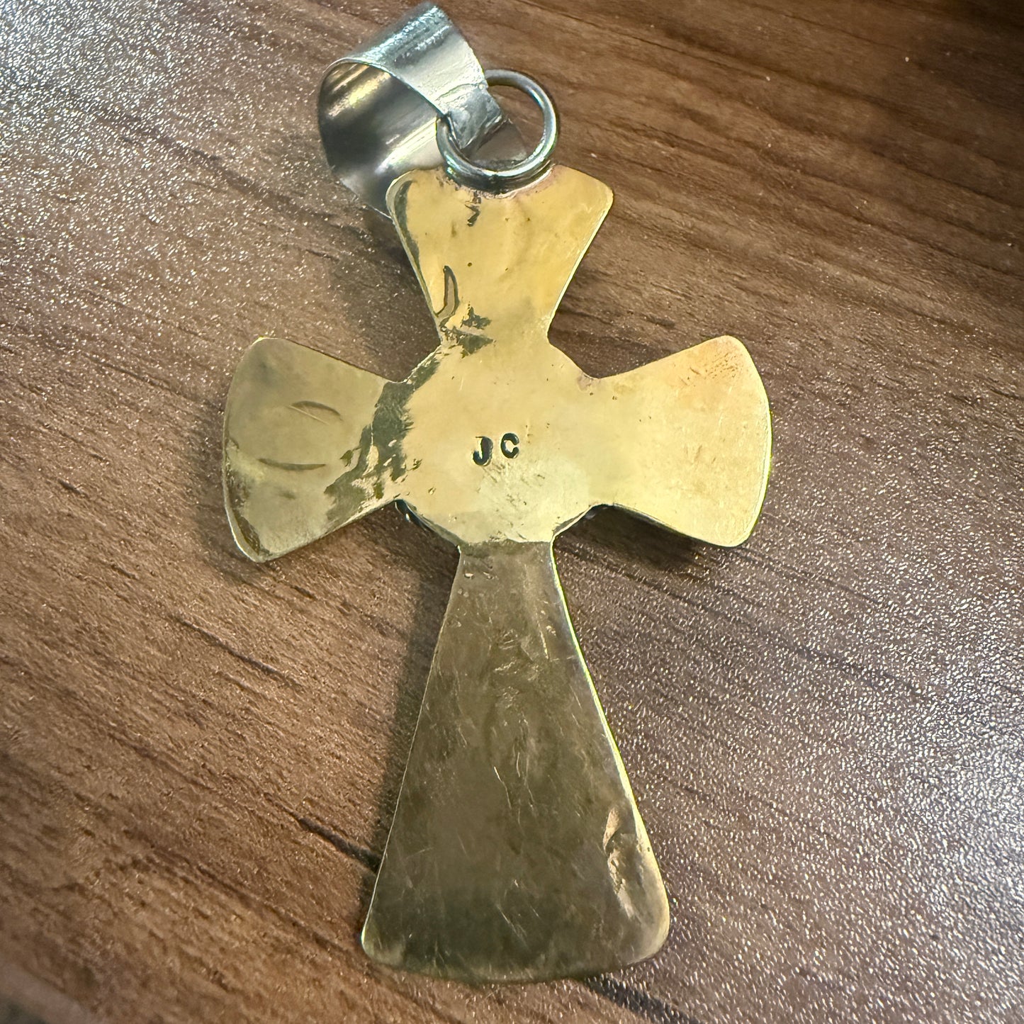 Native Inspired Brass and Kingman Turquoise Cross Pendant Signed by Cleveland Silver Elegant