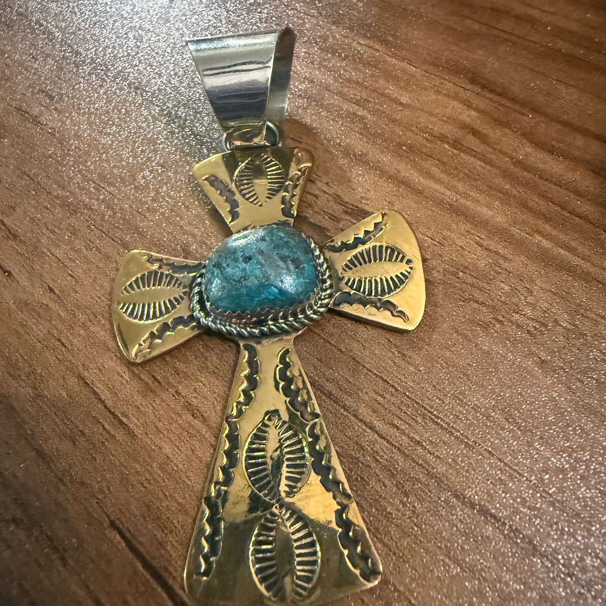Native Inspired Brass and Kingman Turquoise Cross Pendant Signed by Cleveland Silver Elegant