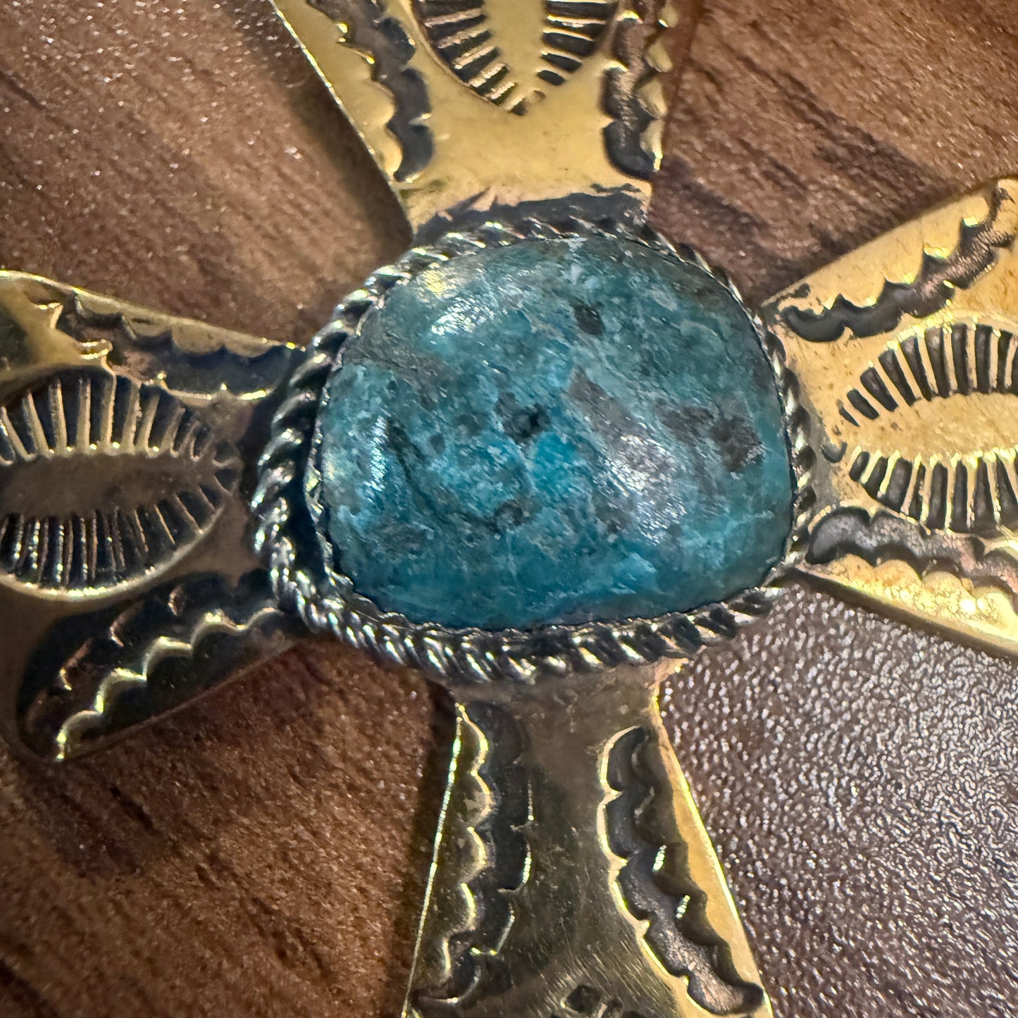 Native Inspired Brass and Kingman Turquoise Cross Pendant Signed by Cleveland Silver Elegant