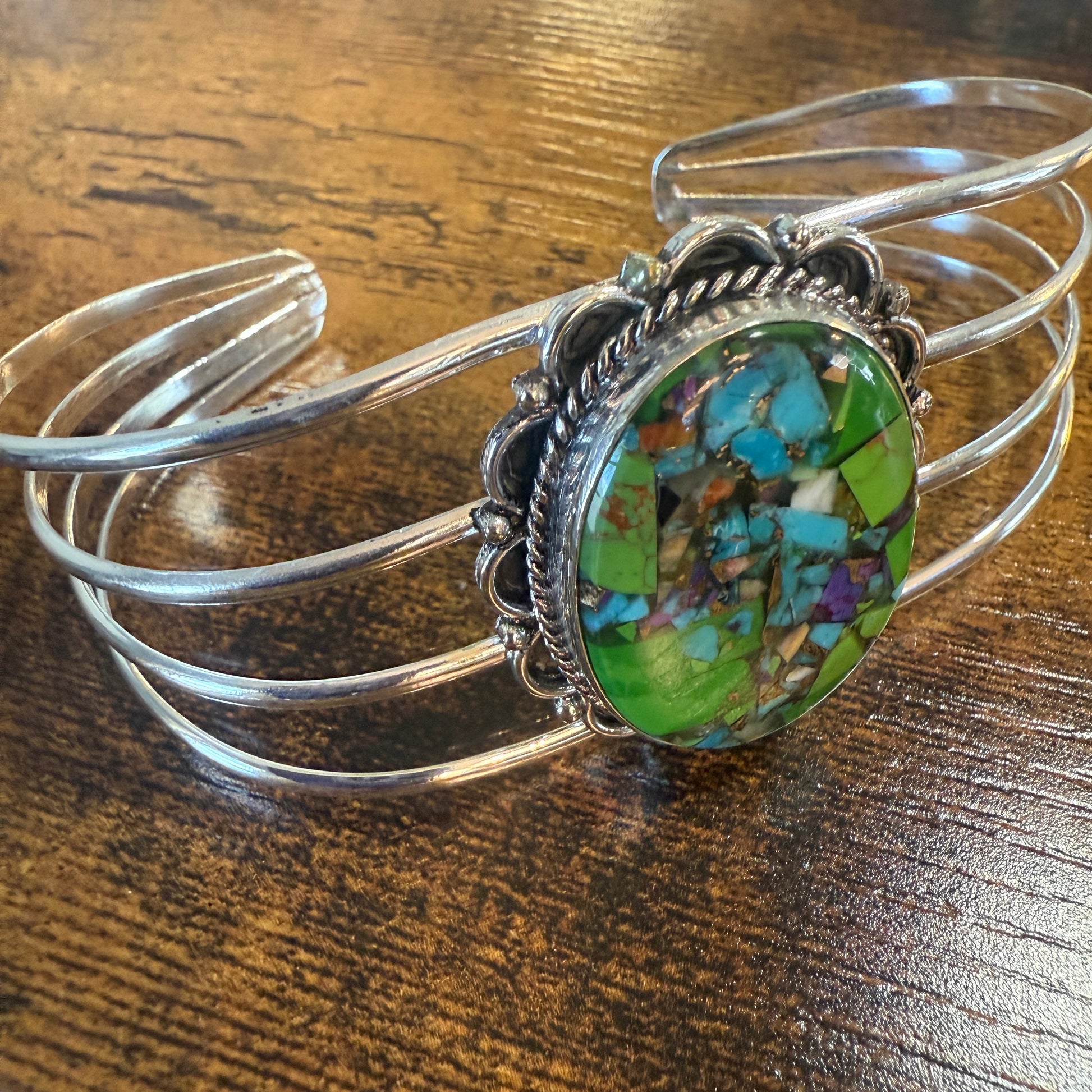 Kingman Turquoise Gemstone Cuff Bangle 925 Silver Adjustable Handmade Silver Elegant