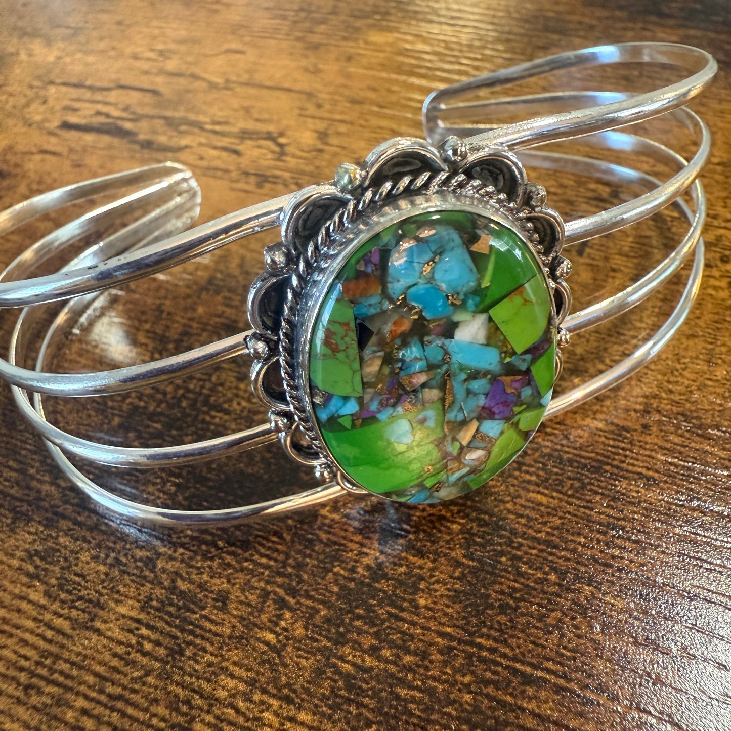 Kingman Turquoise Gemstone Cuff Bangle 925 Silver Adjustable Handmade Silver Elegant