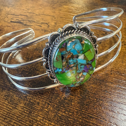 Kingman Turquoise Gemstone Cuff Bangle 925 Silver Adjustable Handmade Silver Elegant
