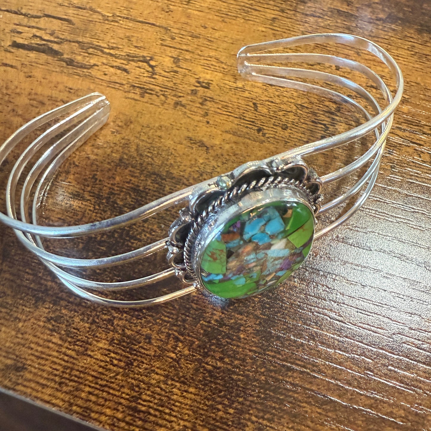 Kingman Turquoise Gemstone Cuff Bangle 925 Silver Adjustable Handmade Silver Elegant