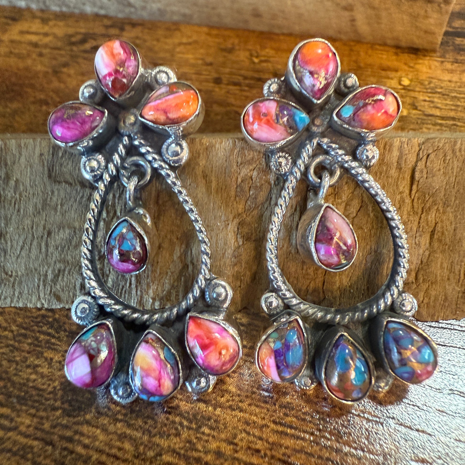 Red Rose Dahlia Gemstone Earrings 14 Stones Handmade 925 Sterling Silver Silver Elegant
